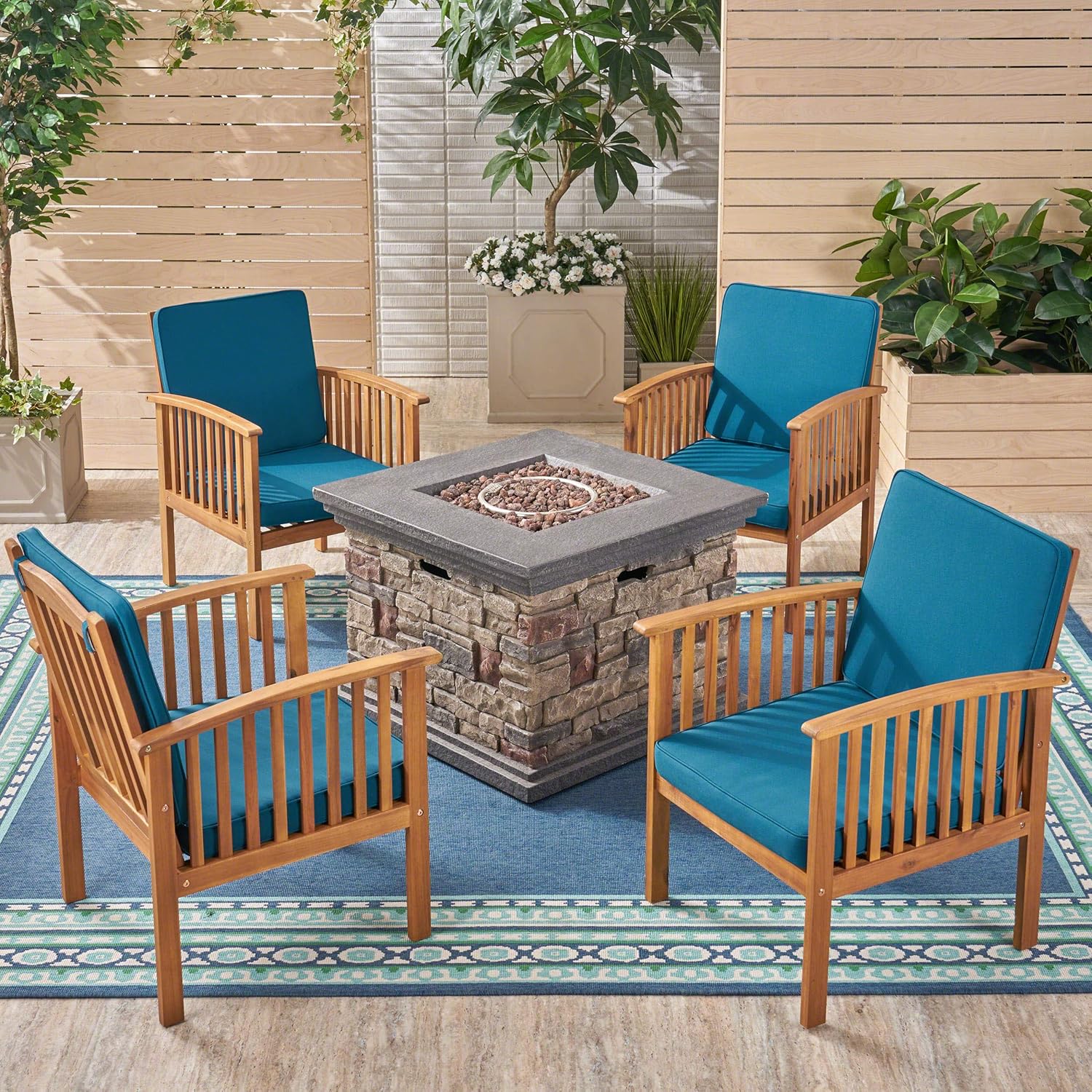 Great Deal Furniture GDFStudio Outdoor 4-Seater Acacia Wood Club Chairs with Firepit, Brown Patina Finish and Dark Teal and Stone