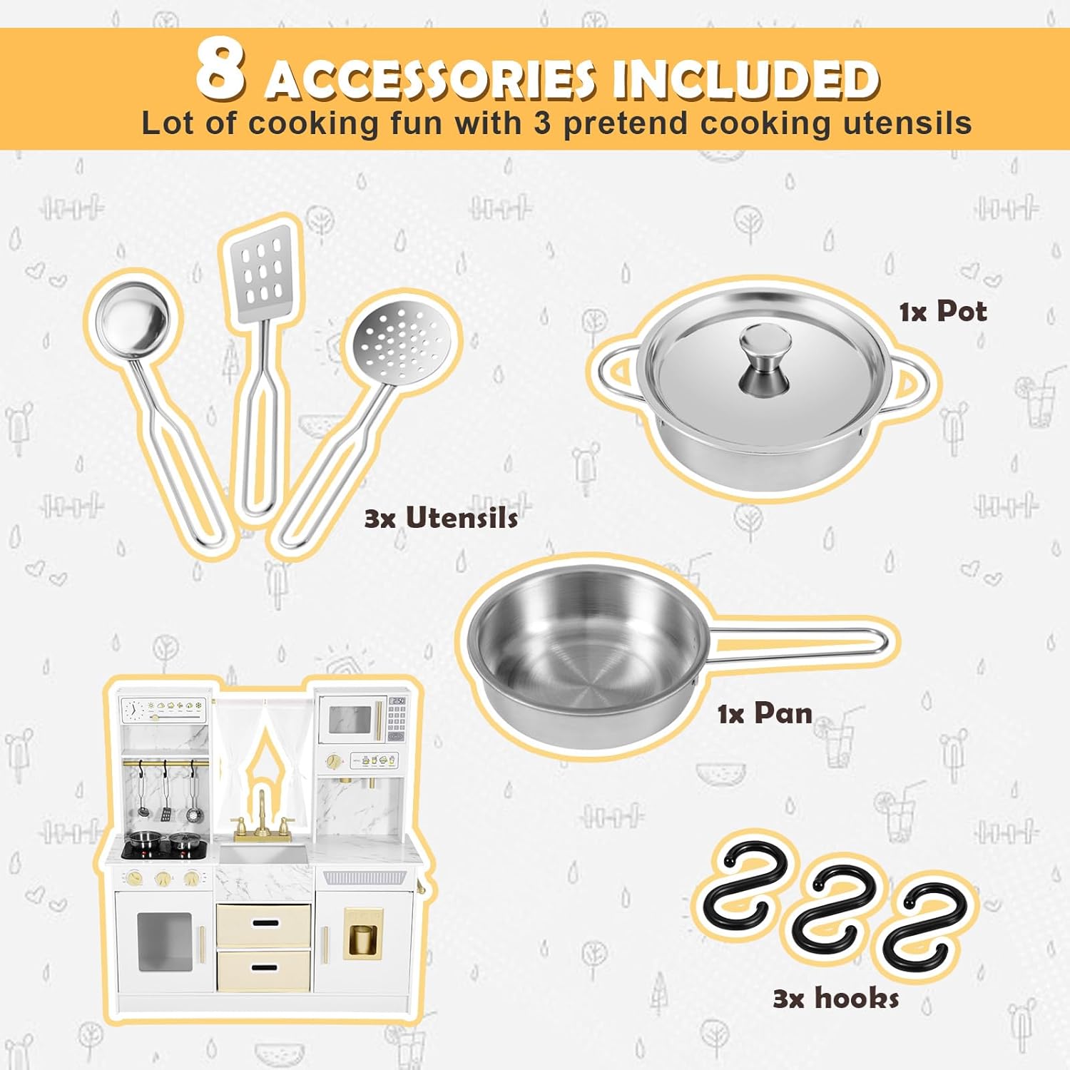 JOYLDIAS Play Kitchen, Wooden Kids Play Kitchen Playset Chef Pretend Play Set for Toddlers w/Ice Cube Dispenser, Oven, Cooking Accessories,Trendy Home Style w/Curtains, Storange Box, Gift for Ages 3+