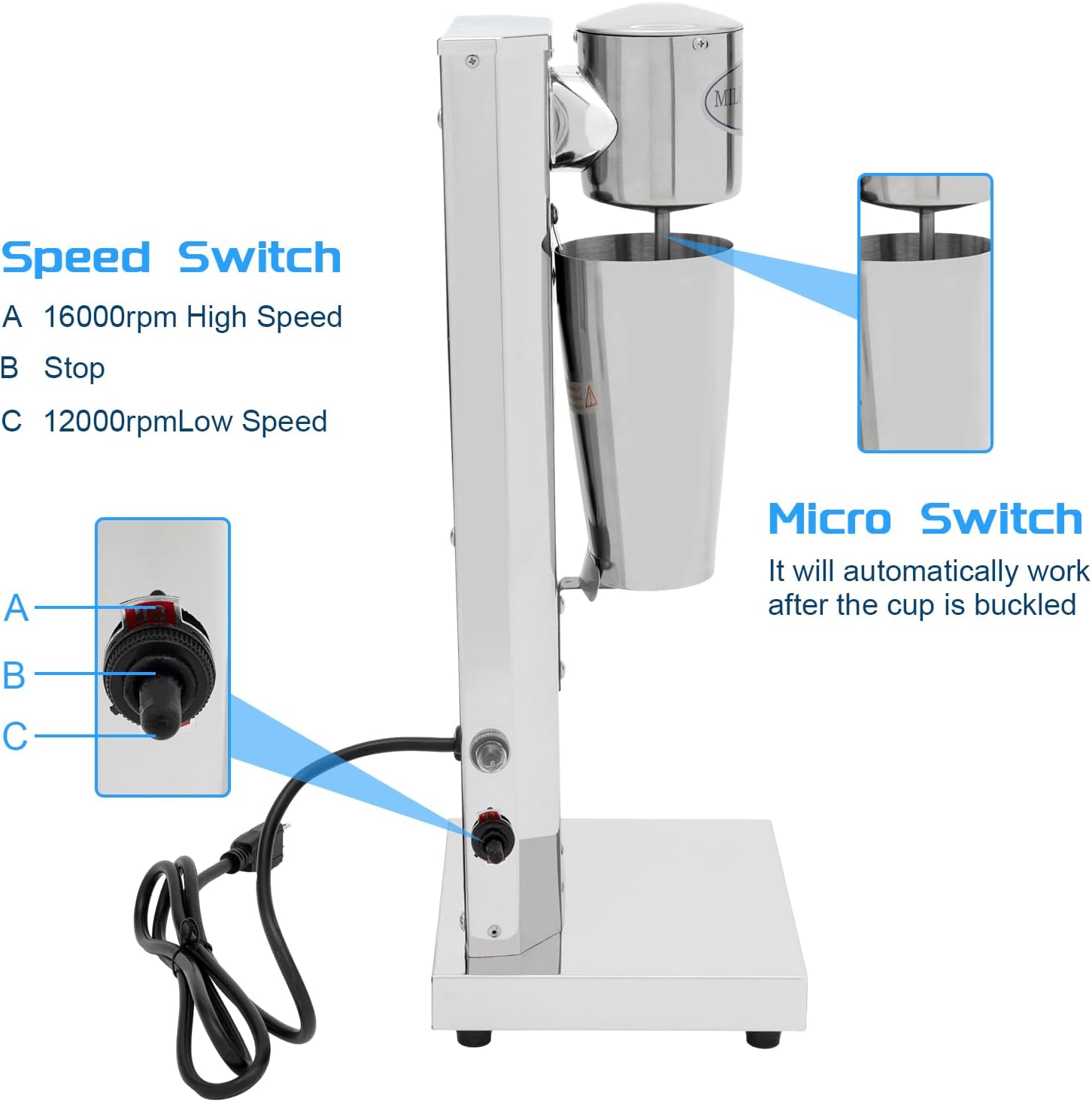 Electric Milkshake Maker Machine, Stainless Steel Milk Mixer Blender, Single Head Malt Blender, 110V 180W Commercial Smoothie Mixer