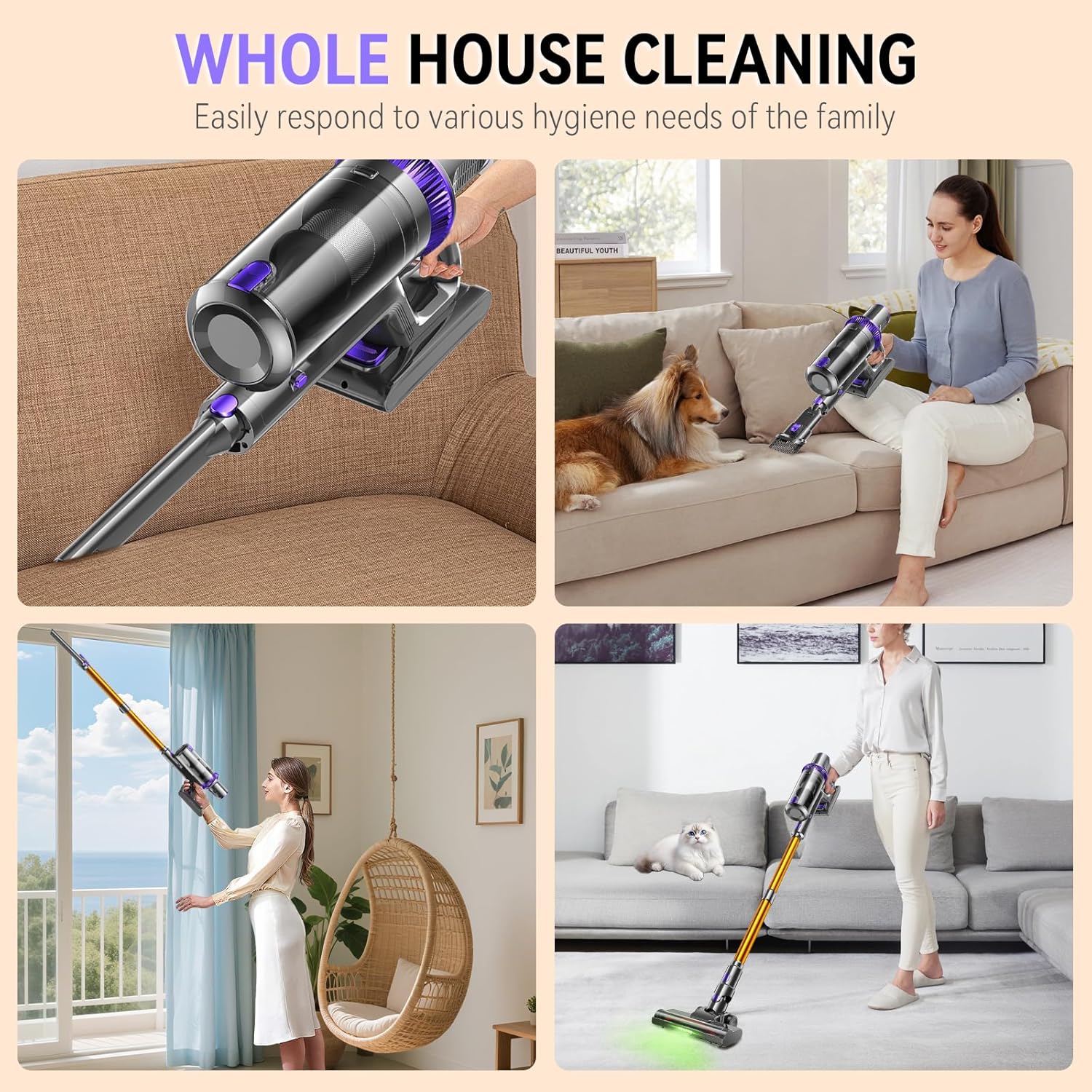 Cordless Vacuum Cleaner, 450W 48KPA Suction Power, 50 Minutes Runtime, Rechargeable Stick Vacuum for Carpet, Tile, Pet Hair, Hardwood Floors,Purple