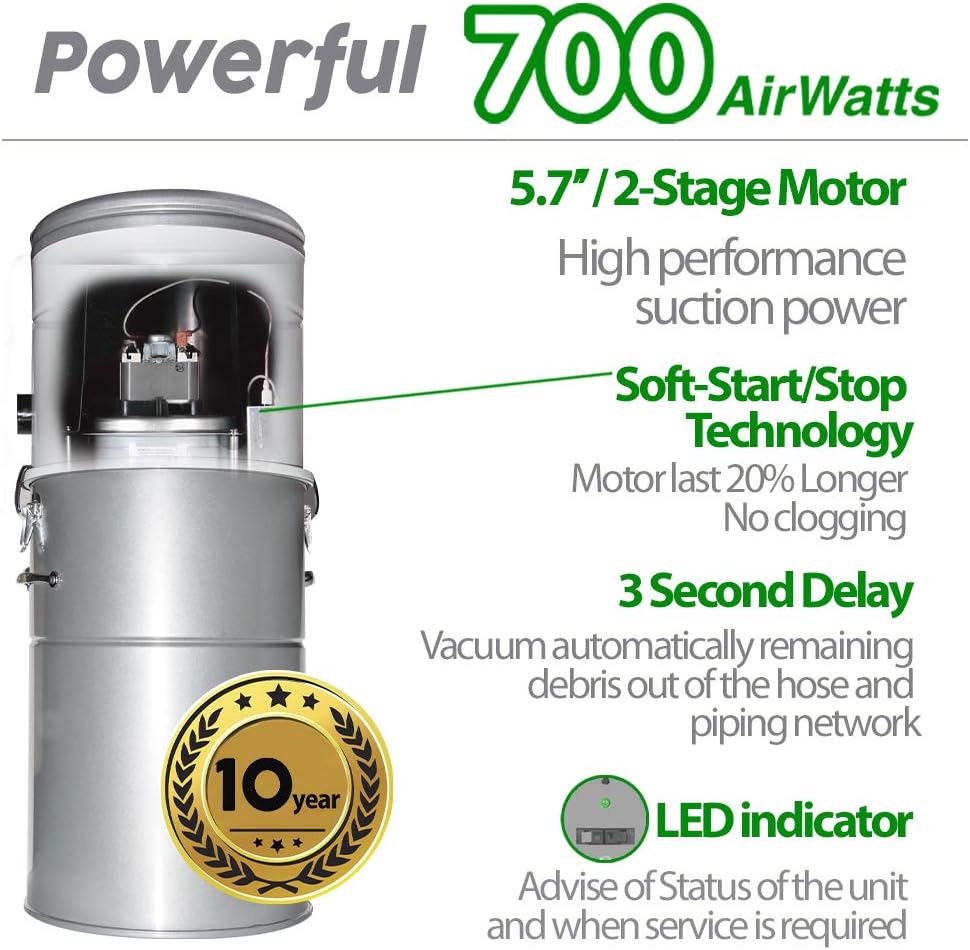 OVO Large and Powerful Central Vacuum System, Hybrid Filtration (with or Without Disposable Bags) 25L or 6.6 Gal, 700 Airwatts with 40 ft Carpet Deluxe Accessory Kit Included