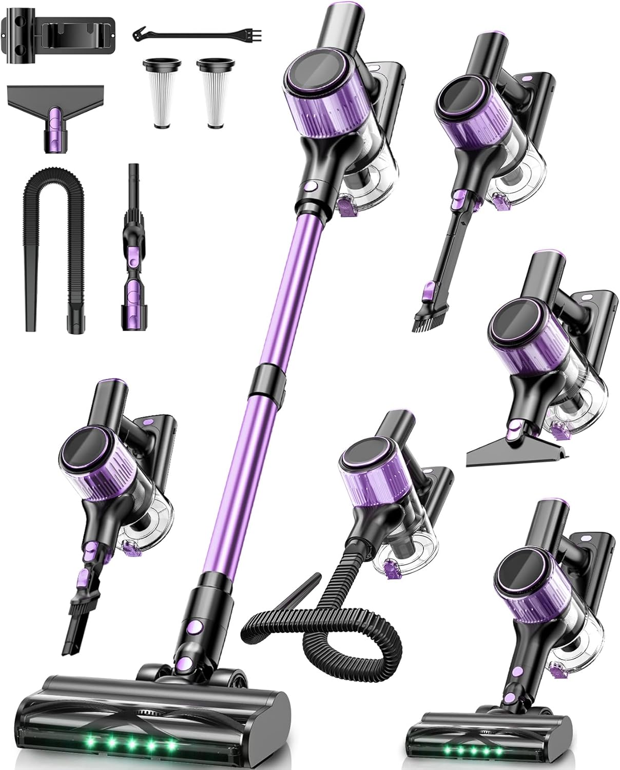 Cordless Vacuum Cleaner, 45KPA /10-in-1 Stick Vacuum with 29-inch Hose, 45Mins Runtime Vacuum Cleaners for Home, Anti-Tangle Brush, Lightweight Rechargeable Vacuum for Hardwood Floor Carpet (Purple)