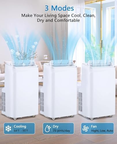 12000 BTU Portable Air Conditioners, 3 in-1 Free Standing Portable AC Unit with Fan, Dehumidifier, Remote Control, Auto Swing and Smart Sleep Mode, Efficient Cooling for Rooms up to 500 Sq.Ft, White
