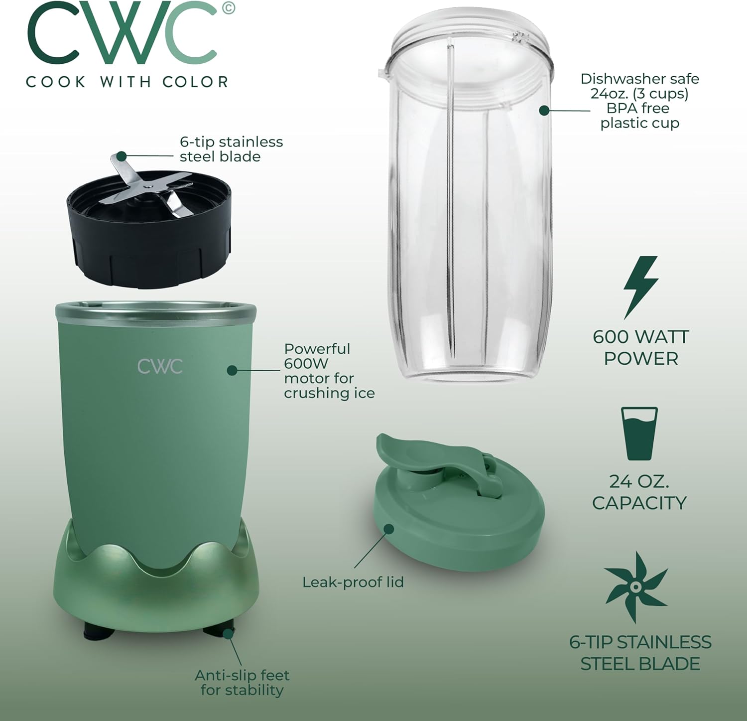 COOK WITH COLOR Personal Power Blender 600W, 24oz Capacity, BPA-Free Jar, Ice-Crushing Blades, Ideal for Smoothies & More, Anti-Slip Feet, Easy to Clean, Dark Sage