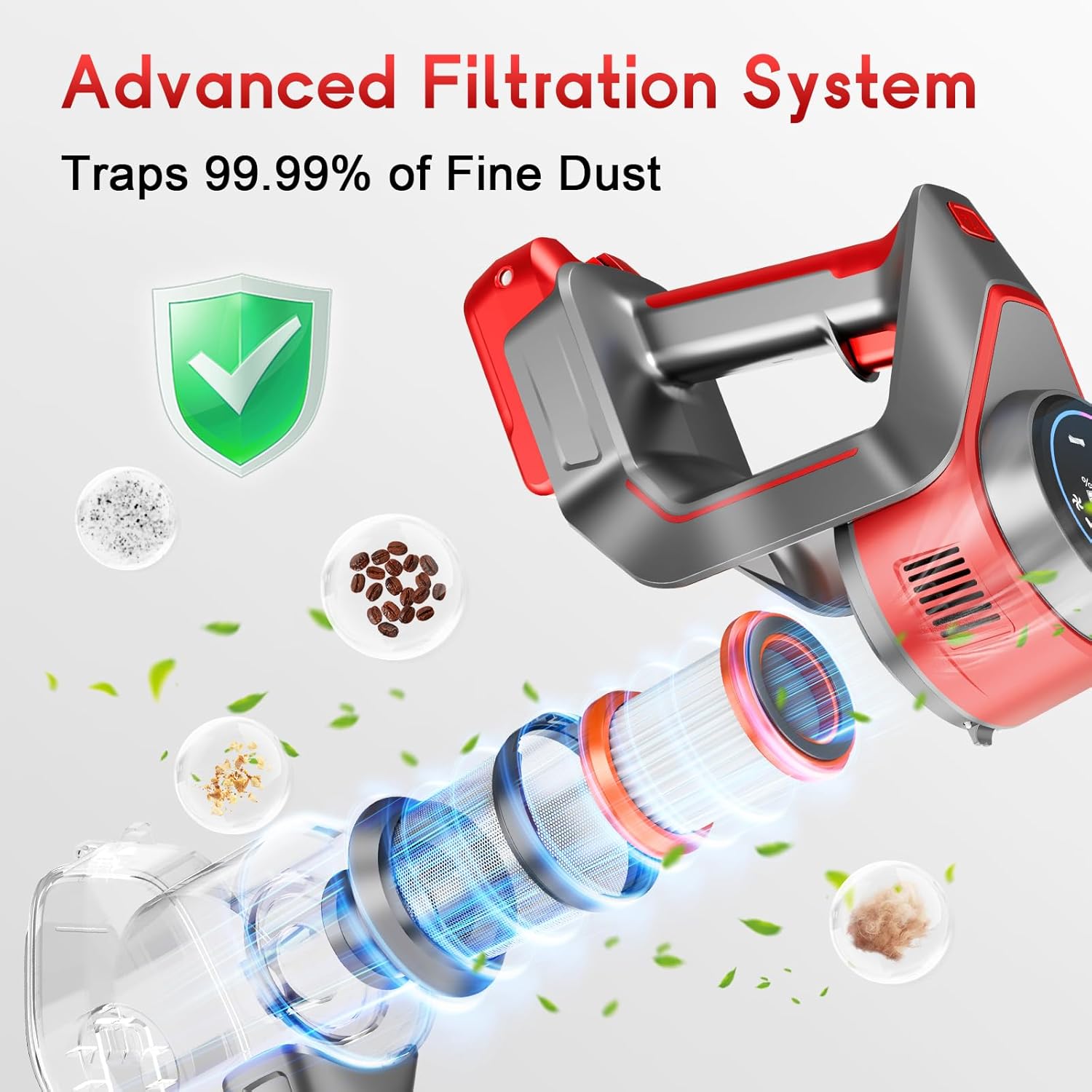 Cordless Stick Vacuum Cleaner - Rechargeable, 35Kpa Powerful Vacuums with Detachable Battery, LED Display, 45Mins Runtime, 8 in 1 Handheld Vacuum for Hardfloor & Carpets Pet Hair, Red