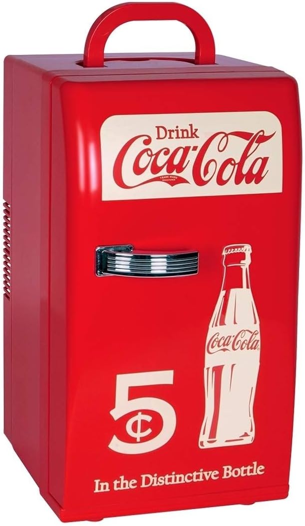 Coca-Cola Retro 18 Can Mini Fridge w/ 12V DC and 110V AC Cords, 22L (23 qt), Portable Cooler, Red, Travel Fridge for Drinks, Snacks, Lunch, Home, Office, Dorm Room, RV