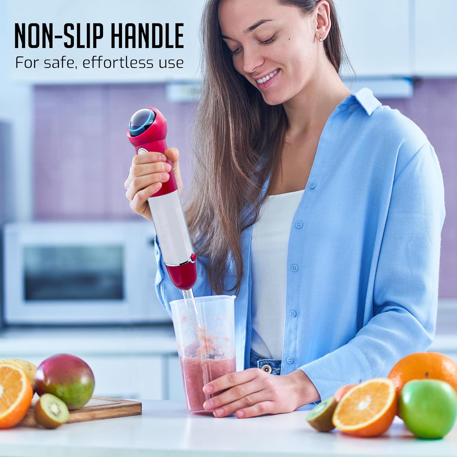 OVENTE Cordless Immersion Hand Blender, 300W Rechargeable Handheld Portable Stick Mixer with Speed Pulse Activating Sensor and Stainless Steel Blades for Smoothies, Shakes or Baby Food, Red HR995R