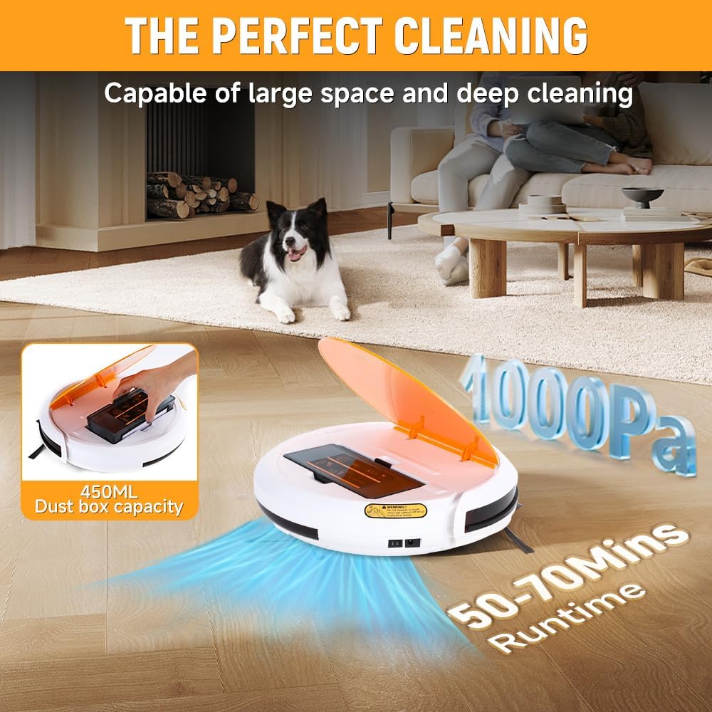 Hoteche Robotic Vacuum Cleaner with 450ML Dustbin, Auto Zigzag Cleaning, Gyroscope Navigation, 1000PA Suction, Fall-Arrest & Anti-Collision
