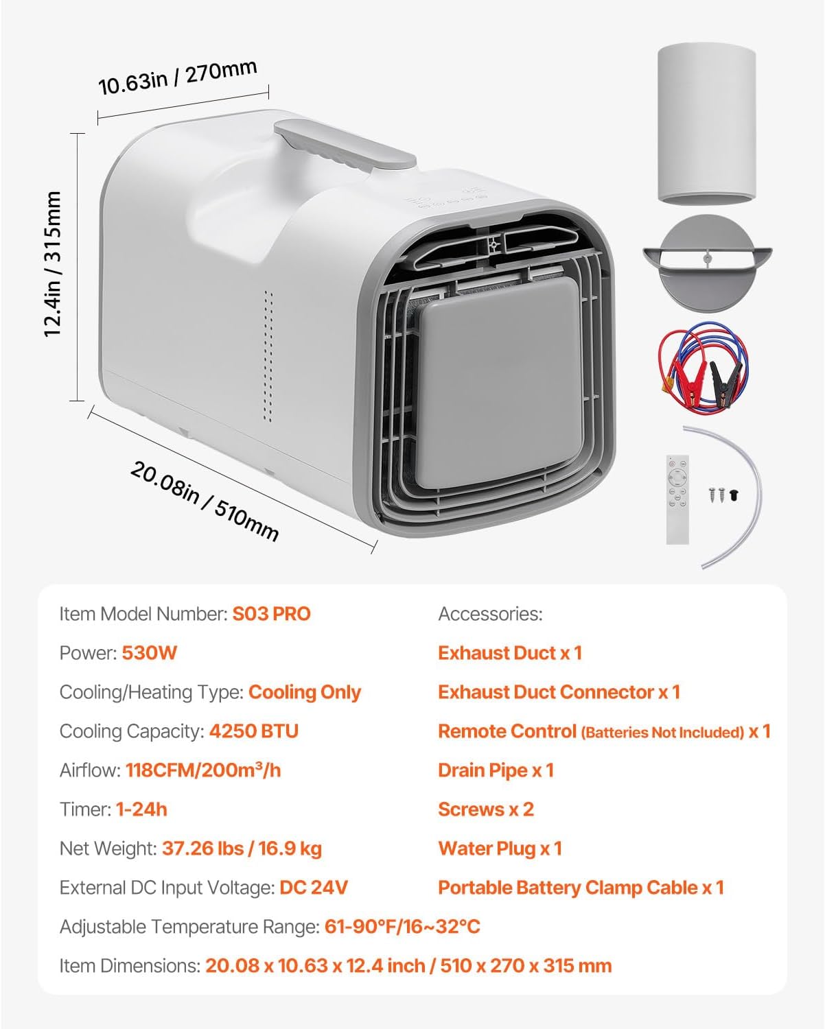 Happybuy Portable Air Conditioner, 4250 BTU 3 - Speed AC Unit with 24H Timer, Adjustable 16-32℃, AC/DC Compatible, for Outdoor Tent Camping, RVs & Home Use, White