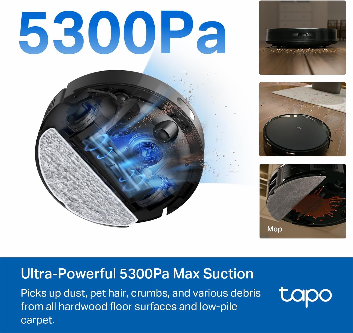 Tapo Ultra-Slim LiDAR Smart Navigation Robot Vacuum and Mop, 5300Pa Max, 97%+ Dust Pickup, Customizable Cleaning, Self-Charging, Works w/Alexa & Google Home, RV20 Max (Renewed)