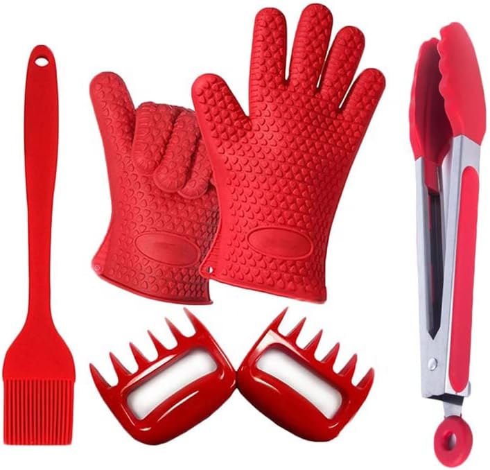 Wholesale Customized Set BBQ Grill Tool Non Stick Meat Claws Brush Cooking Glov/BBQ Mitten (Red)