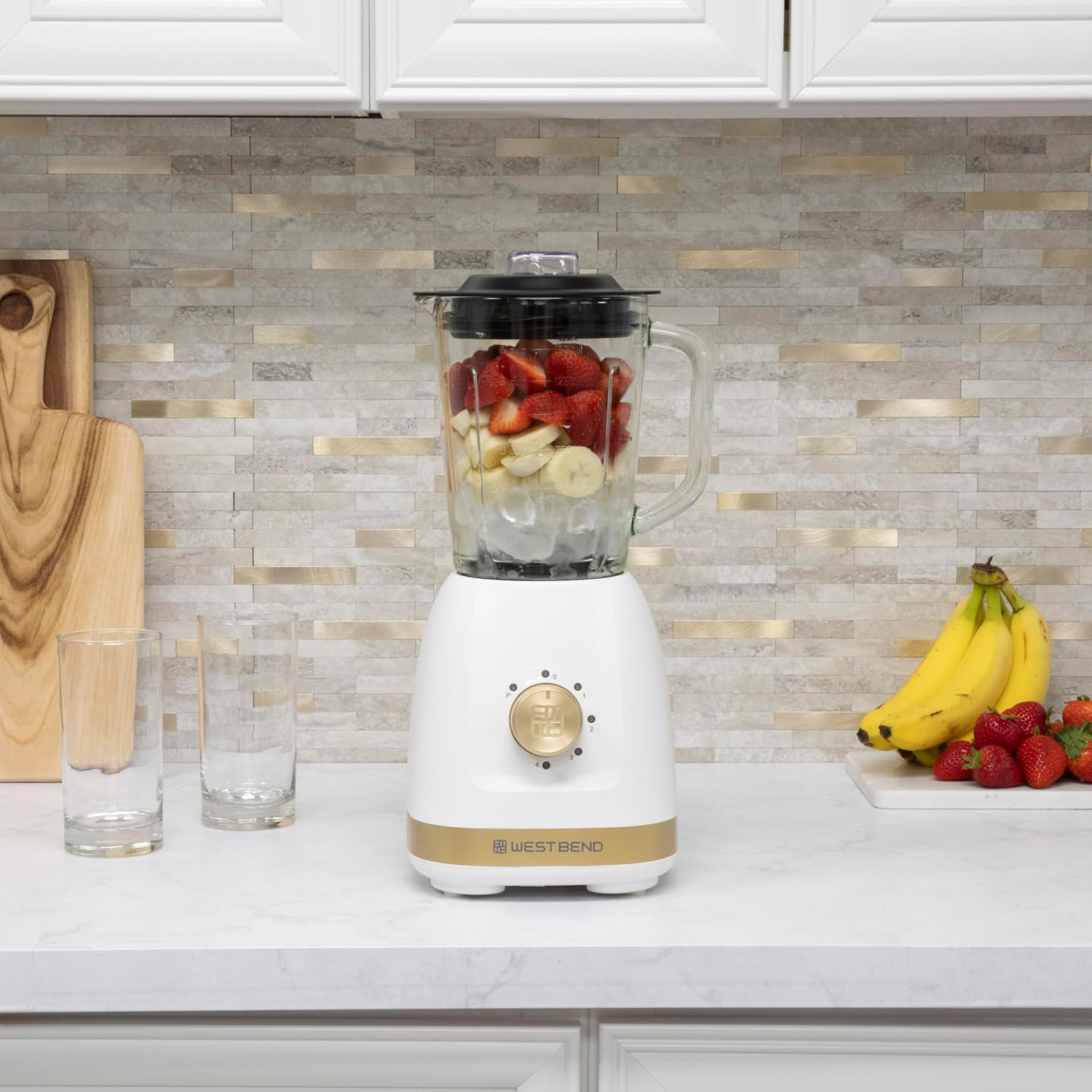 West Bend Timeless 5-Speed Multi-Function Blender, 48 oz Glass Jar with 20 oz Travel Cup, LED Controls, White/Gold