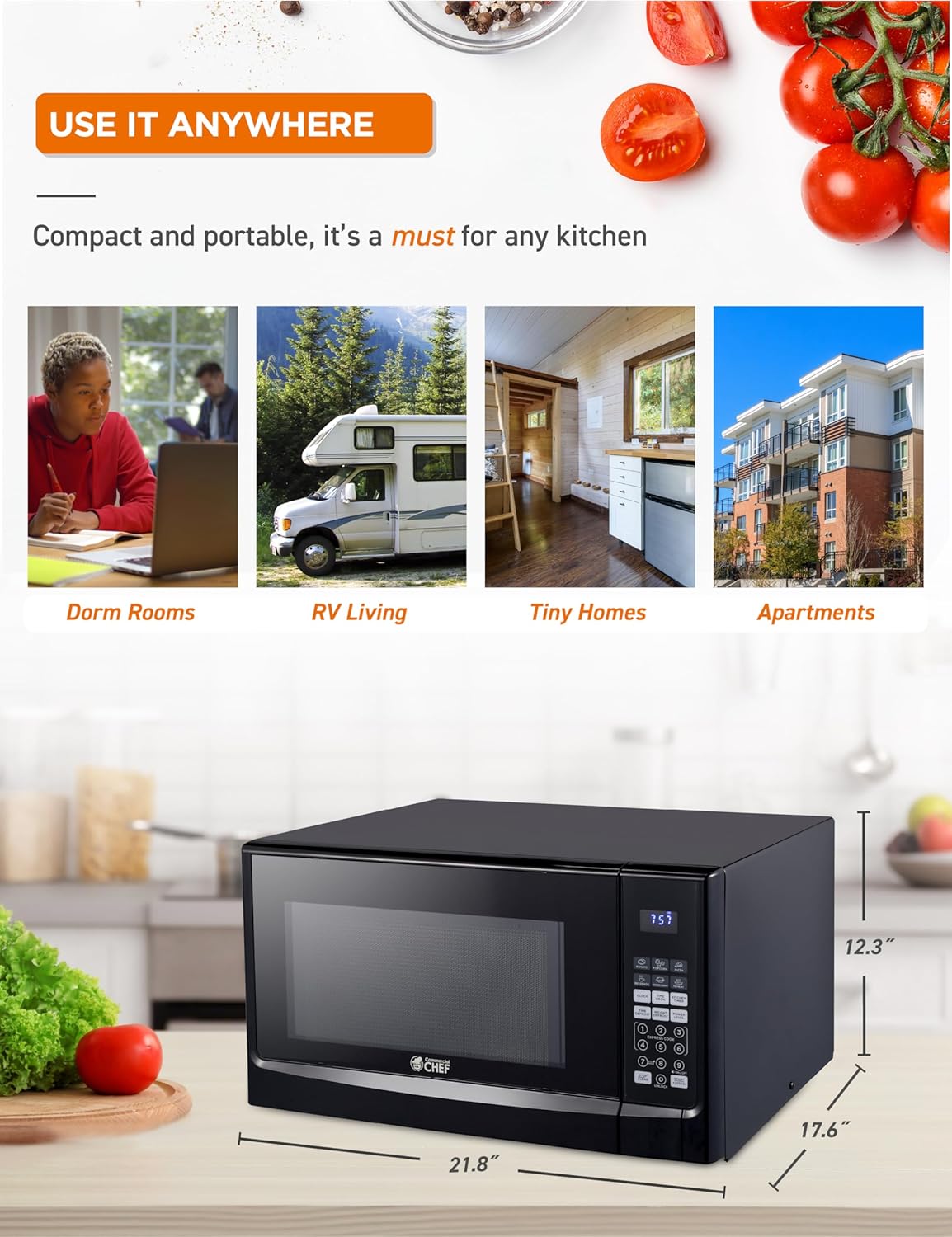 COMMERCIAL CHEF 1.4 Cubic Foot Microwave with 10 Power Levels, Small Microwave with Push Button, 1100 Watt Microwave with Digital Control Panels, Countertop Microwave with Timer, Black