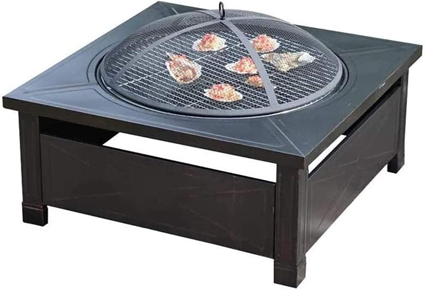 BBQ Grill Outdoor Fire Pits Outdoor Wood Burning Outdoor Fire Pit Metal Square Firepit Patio Stove Wood Burning BBQ Grill Fire Pit Bowl with Spark Screen Cover, Log Grate with Cover BBQ Cooking for Ou
