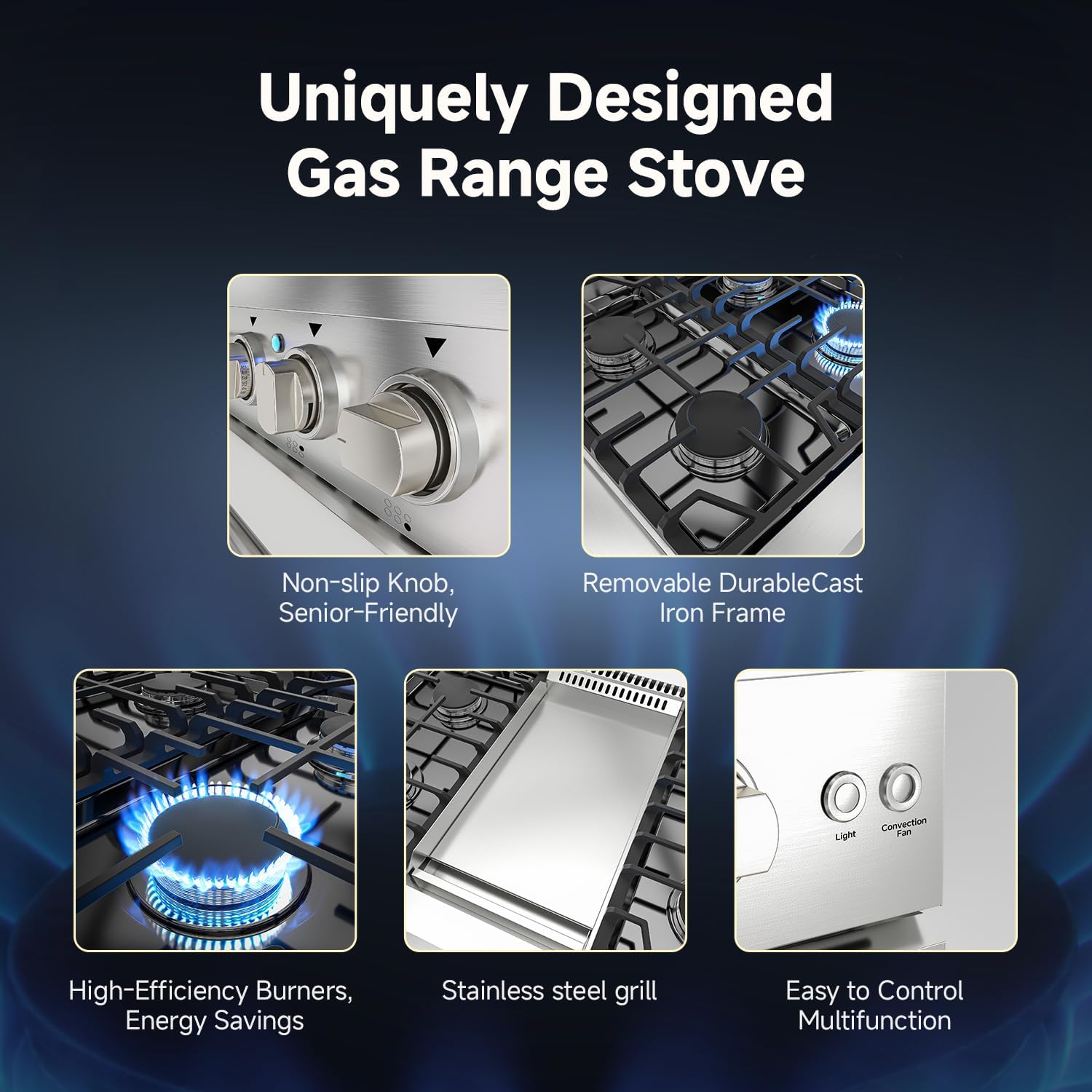 AAOBOSI 48 Inch Freestanding Gas Range Ovens with 7.0 cu.ft Large Capacity Double Convection Ovens, 6 Sealed Burners Plus Iron Grill Burner, Stainless Steel Gas Range Stove with NG/LPG Convertible