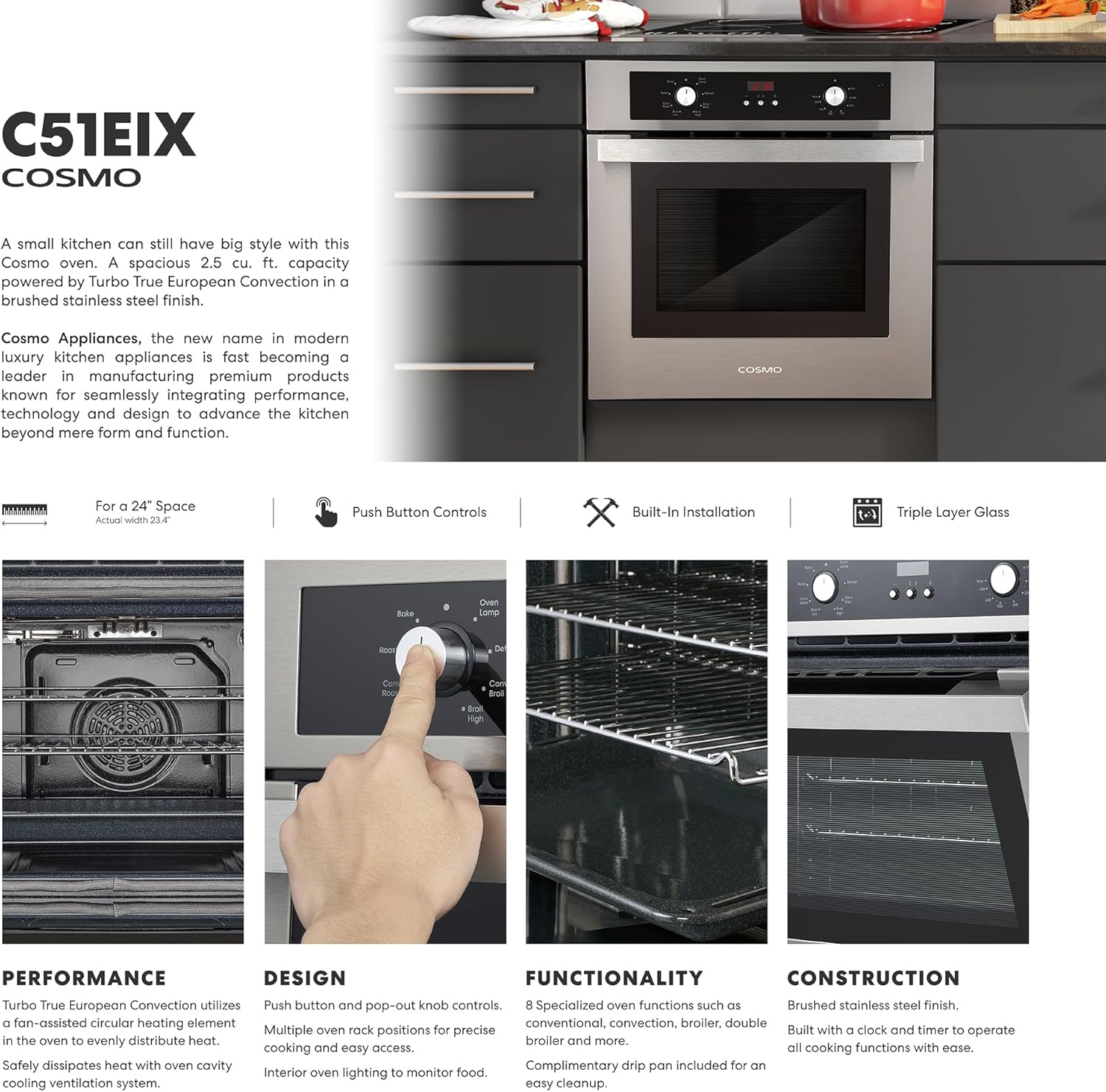 COSMO C51EIX 24 in. Lumin Collection 2.5 cu. ft. Electric Wall Oven, 8 Functions & Turbo True European Convection in Stainless Steel