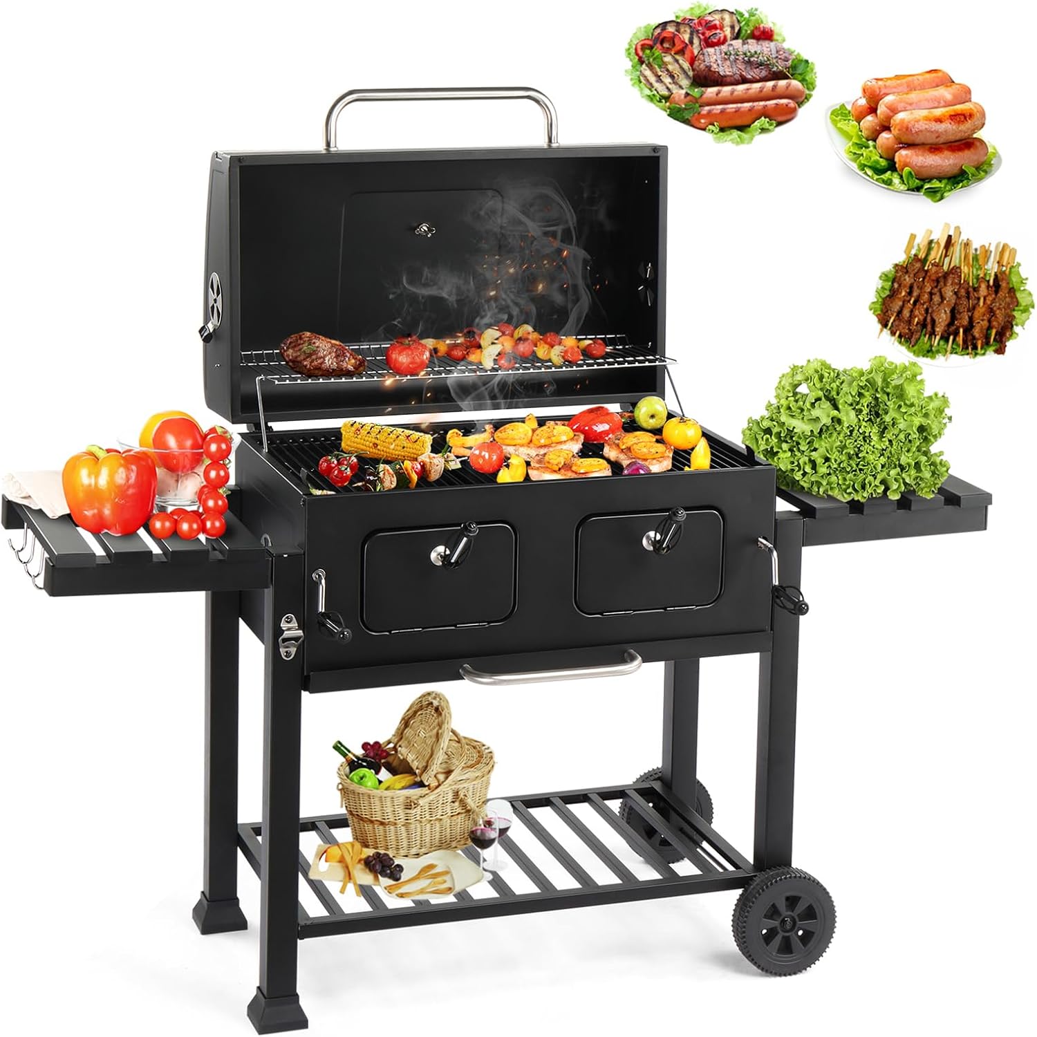 Outdoor Charcoal Grill with 2 Wheels and Individual & Adjustable Charcoal Doors, Compact Iron BBQ Grill for Party Picnic Hiking Backyard Cooking, Asadores de Carbon (Black)
