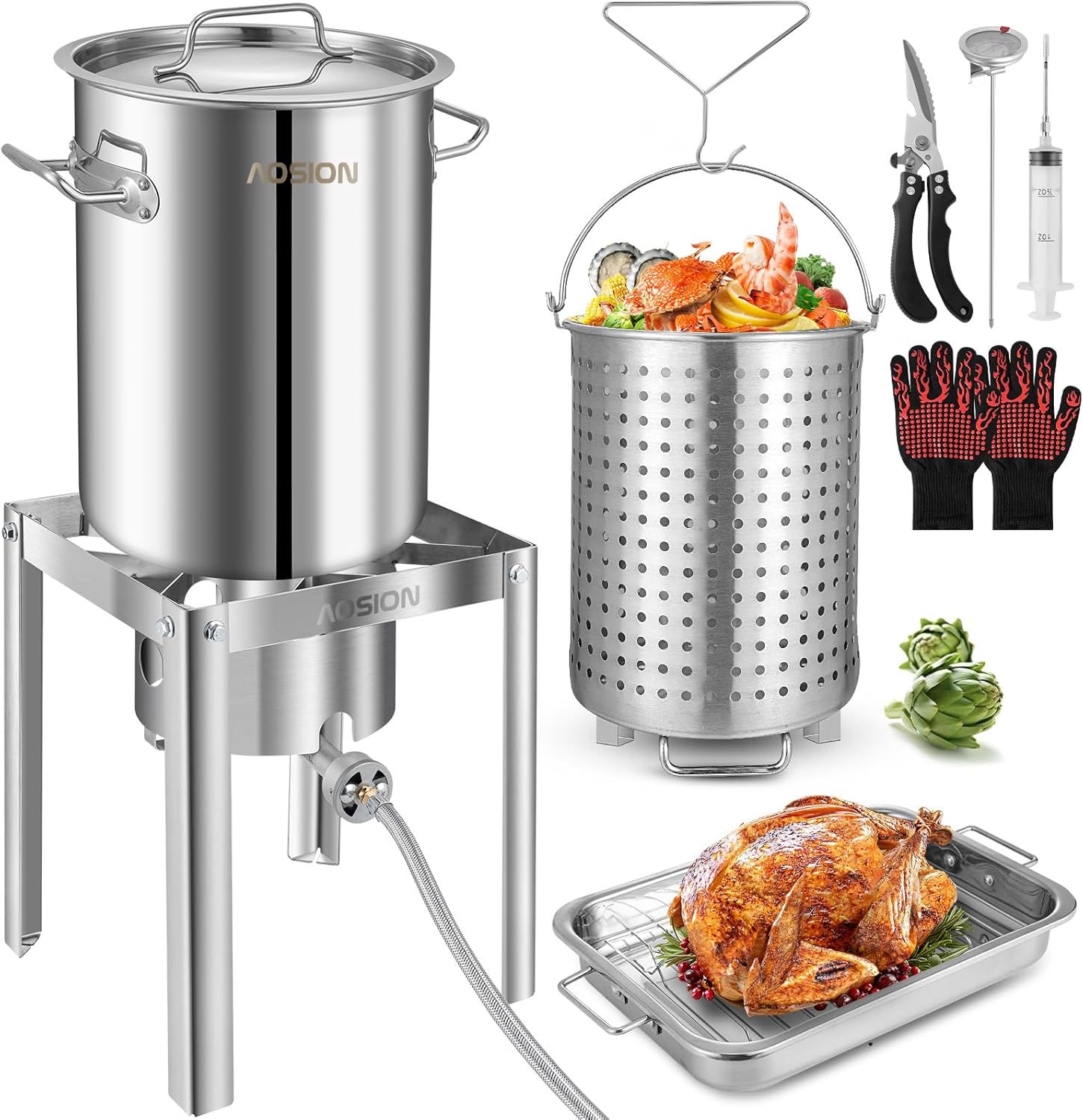 AOSION 30QT Stainless Steel Turkey Fryer&Seafood Boil Pot with 55,000BTU Propane Burner for Outdoor Cooking of Turkey,Crab,Lobster and Shrimp (30QT)