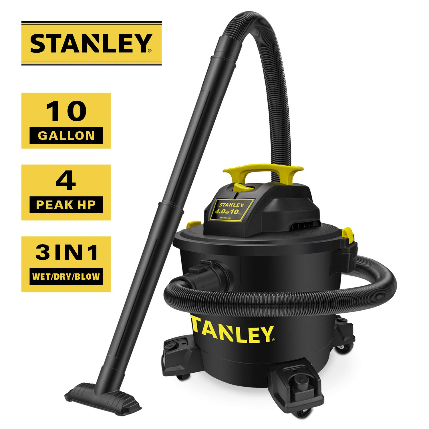 STANLEY Wet/Dry Vacuum SL18191P, 10 Gallon 4 Horsepower 16 FT Clean Range Shop, Ideal for Home/Garage/Laundry Rooms with Attachments, Strong Suction Large Capacity Multiple Accessories