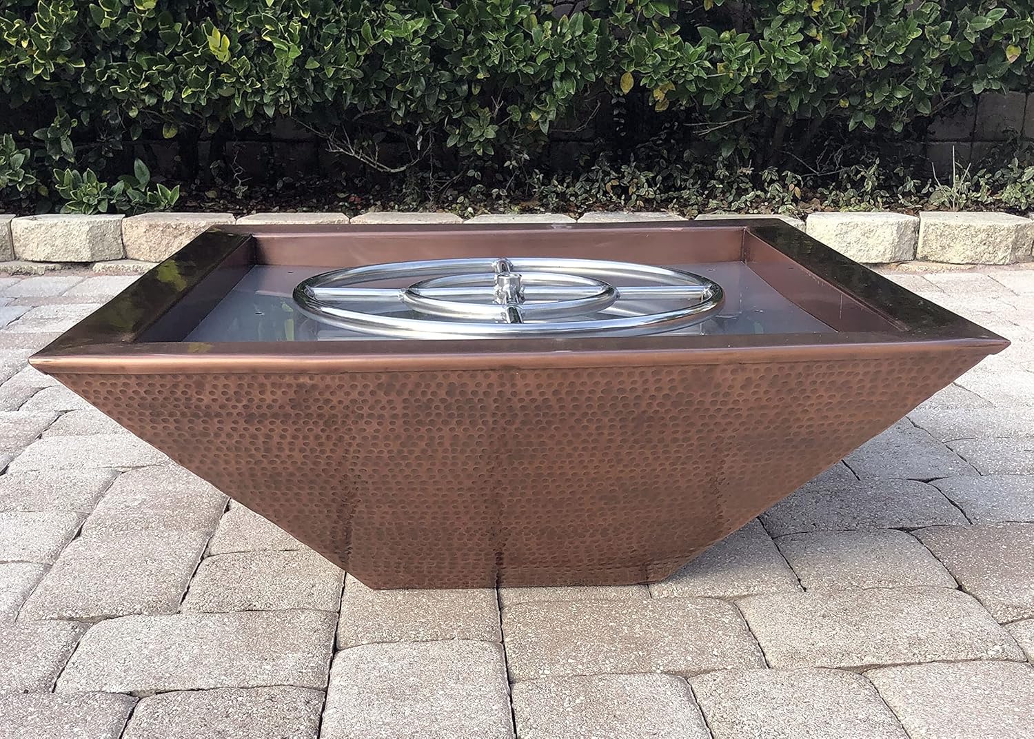 30 Inch Hammered Copper Bowl Square Propane or Natural Gas Fire Pit with 18 inch Diameter Burner Ring 147,000 BTU