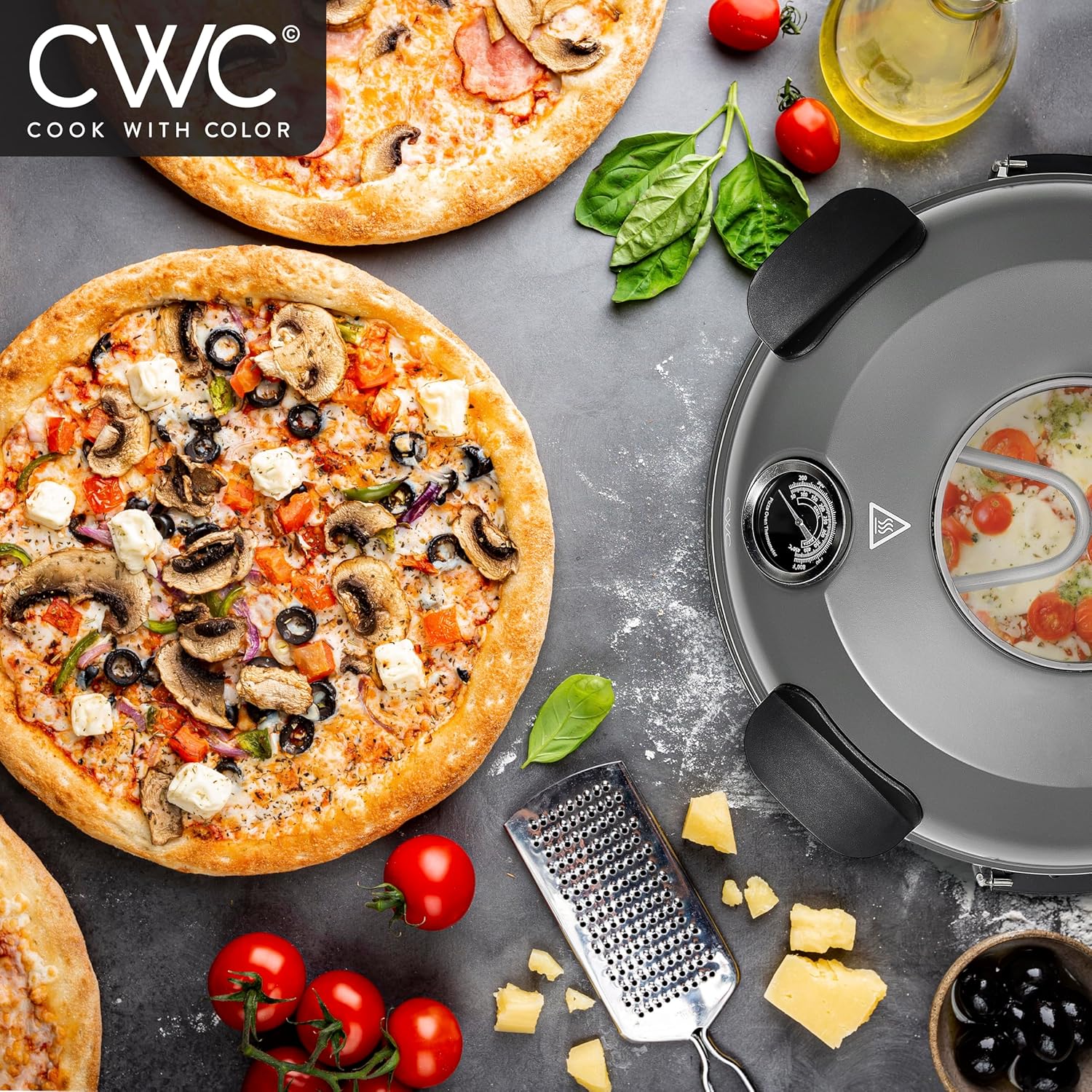 Cook With Color Electric Indoor Pizza Oven – Crispy Crust Countertop Pizza Maker, Heats up to 800˚F, 12 Inch Ceramic Stone, Dual Temperature Control Knobs, Bamboo Peel Included, Gunmetal Grey