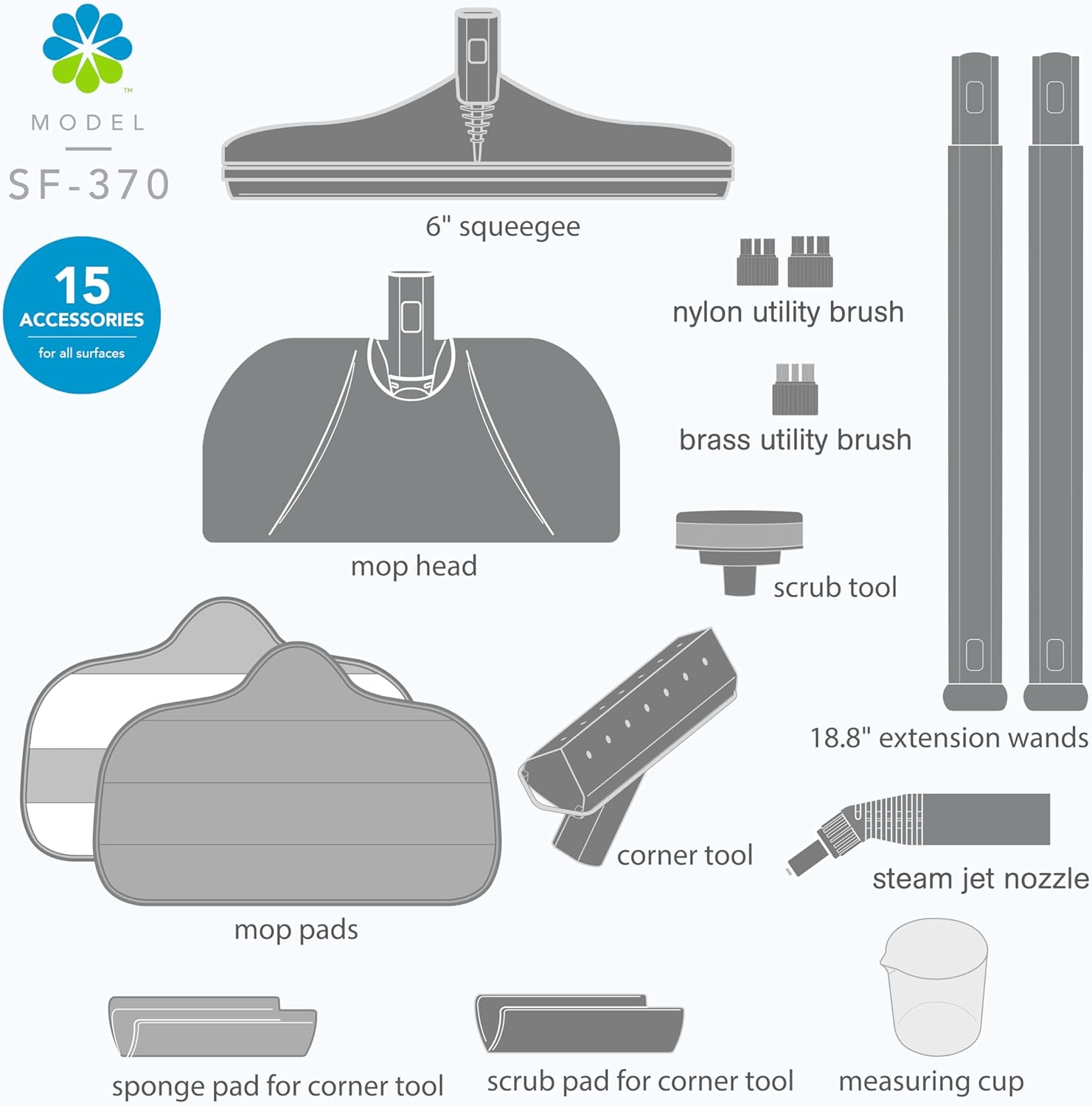 Steamfast SF-370 Canister Cleaner with 15 Accessories-All-Natural, Chemical-Free Pressurized Steam Cleaning for Most Floors, Counters, Appliances, Windows, Autos, and More, 64 inches, White