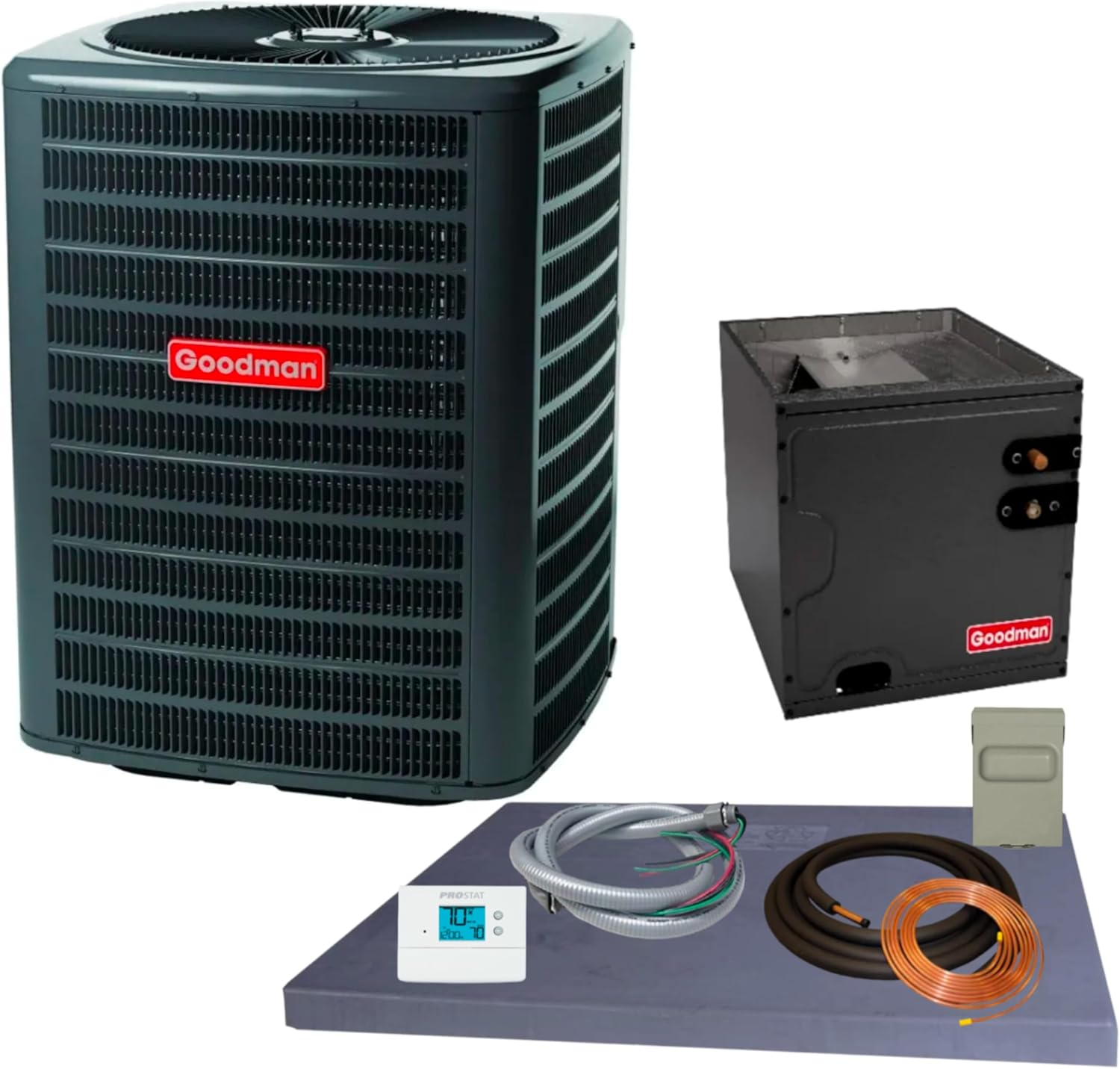 Goodman 2 ton 14.3 SEER2 Partial Split System with vertical coil with install accessories! (GLXS4BA2410 CAPTA3022A3)