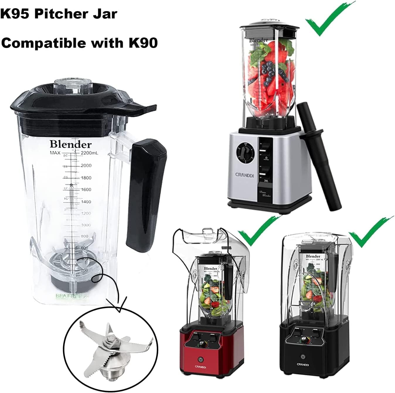 CRANDDI Commercial Quiet Blender K90 with BPA-FREE 80oz Pitcher