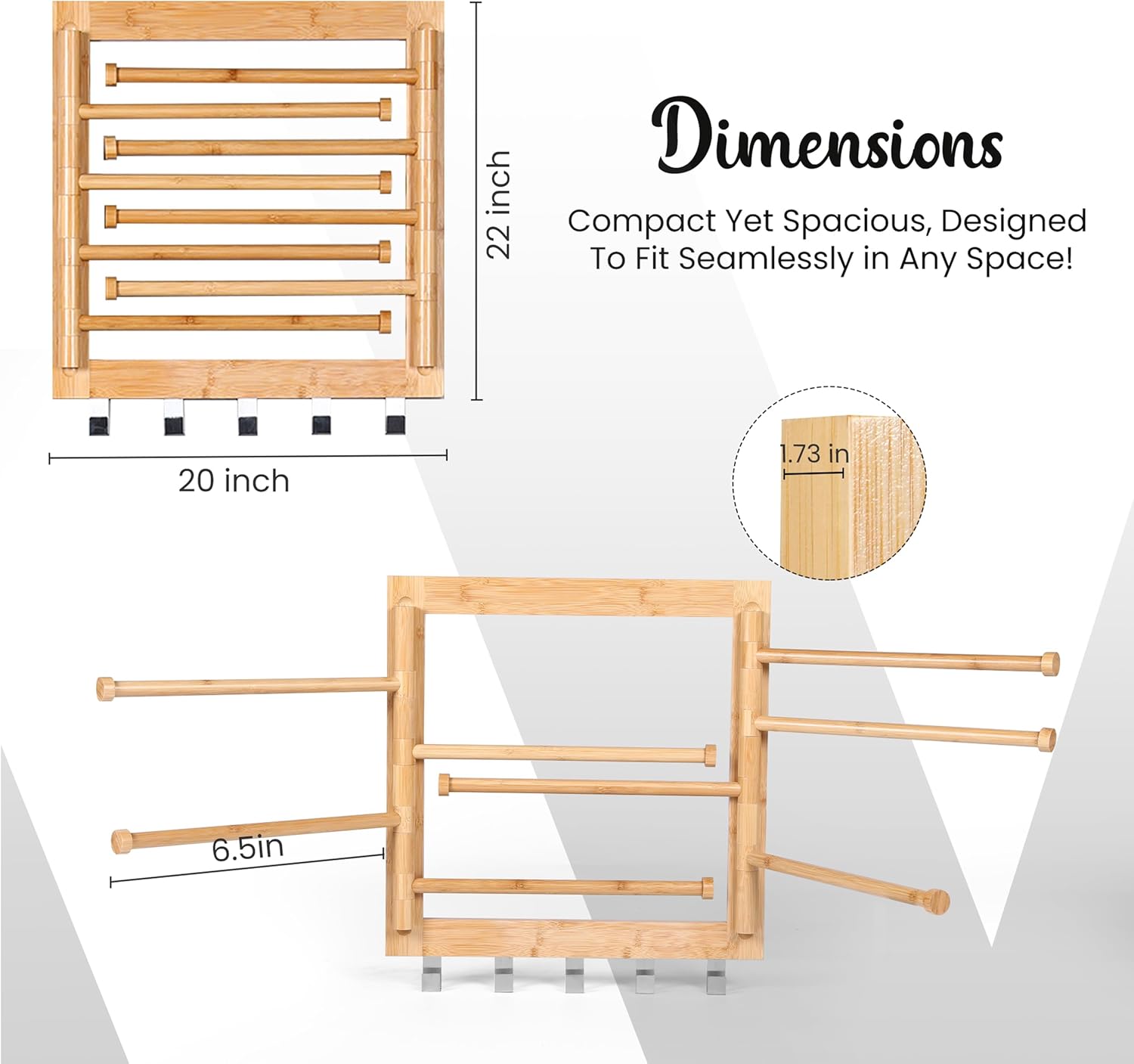Wall Mounted Drying Rack - Clothes Drying Rack Wall Mounted for Laundry - 20 INCH - with 5 Hooks and 8 arms - 80 lbs Capacity - Natural Bamboo
