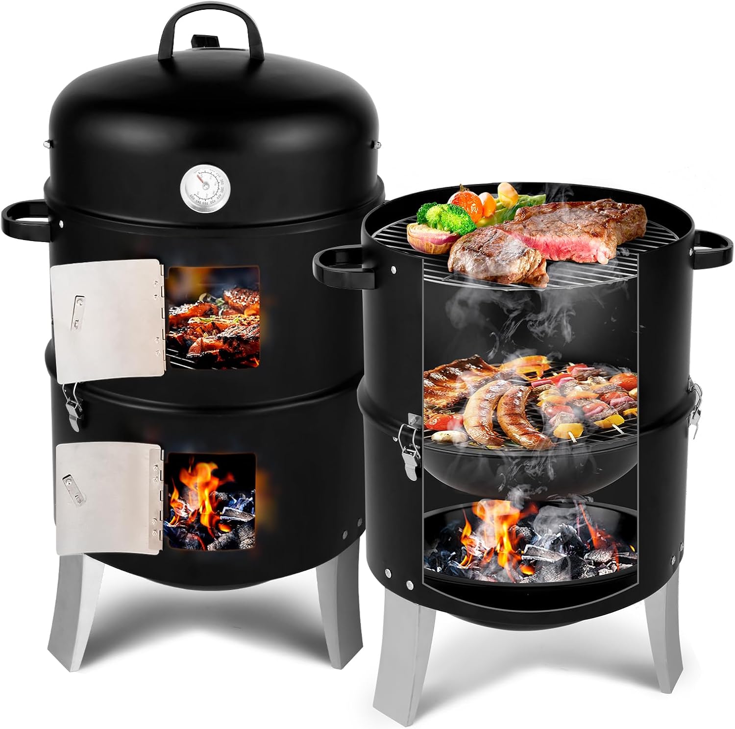 VINGLI 3-in-1 Vertical Charcoal Grill, 18.5'' Round Charcoal Smoker with Built-in Thermometer, Air Vent and 2 Access Doors, Perfect for Outdoor Cooking, Camping, Picnics, BBQs, and Tailgating Parties