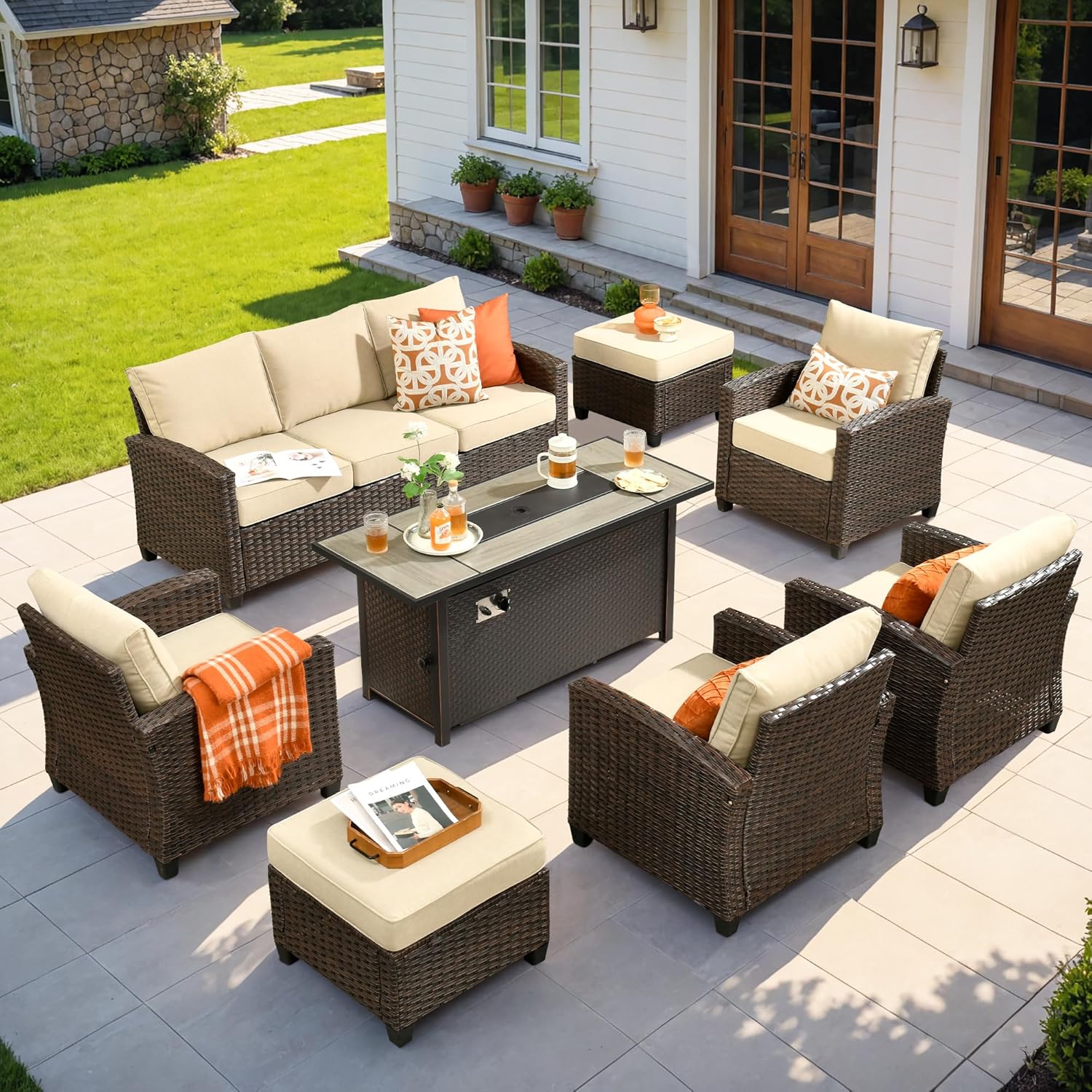 Patio Furniture Set, Outdoor Brown Wicker Furniture with 54