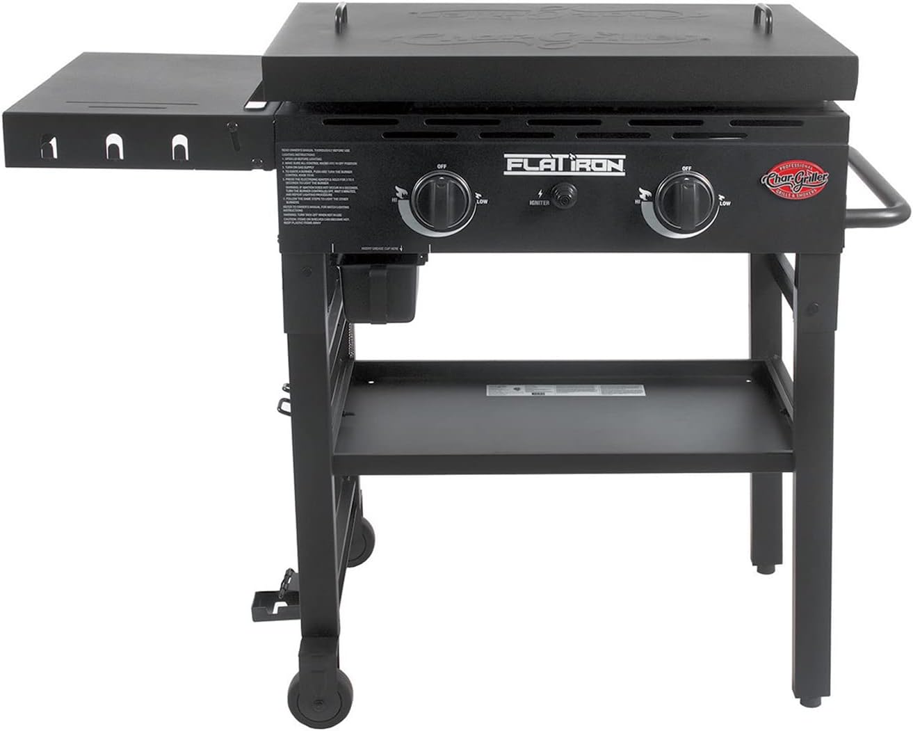 Char-Griller® Flat Iron 2-Burner Propane Gas Flat-Top Griddle with Steel Griddle Top, Wind Guards and Removable Lid, 520 Cooking Square Inches in Black, Model 8128