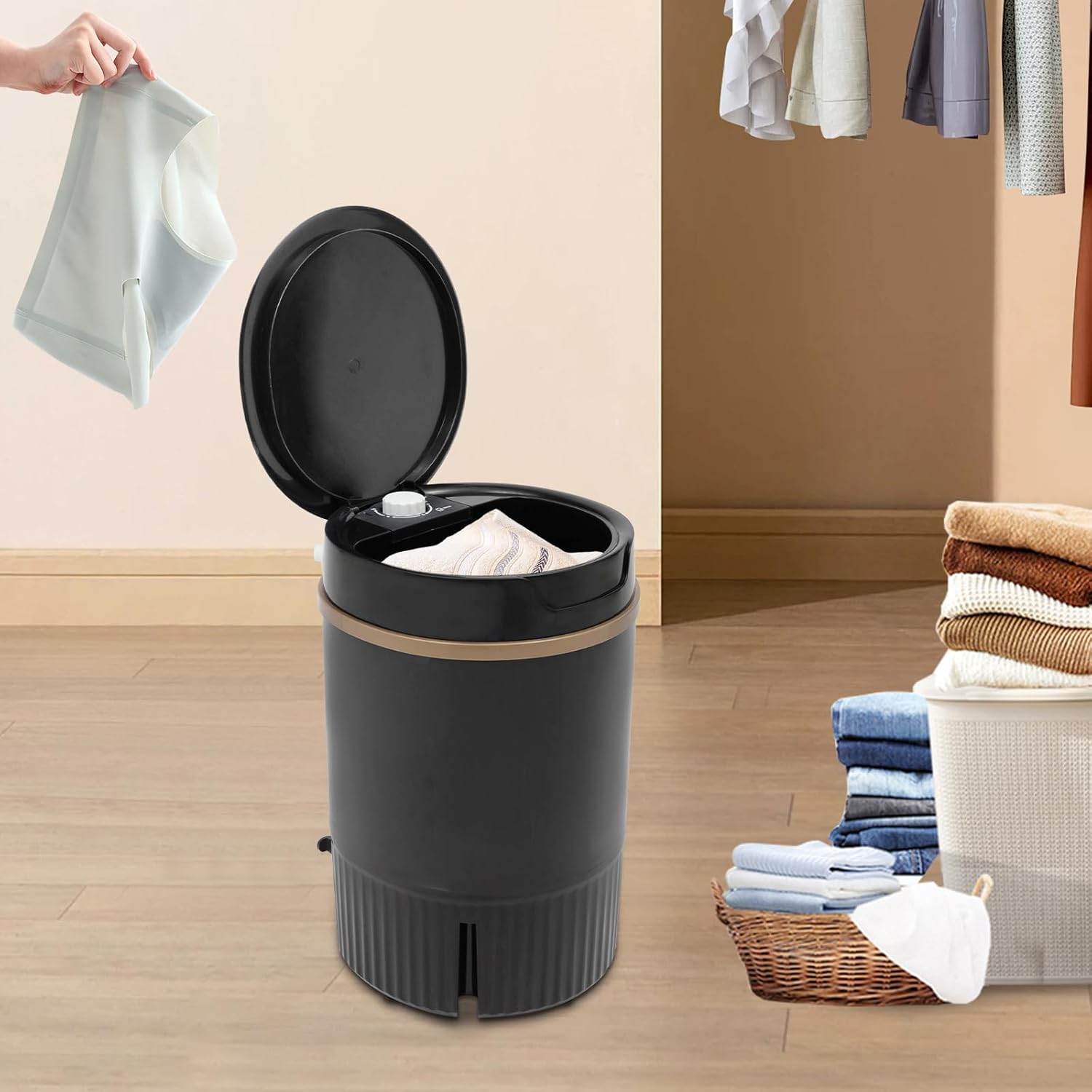 Mini Portable Washing Machine with Removable Dehydration Basket Cleaning of Underwear, Baby Clothes,1.19gal Folding Washer for Apartments, Dorm, Camping, RV, Travel Laundry (Black)