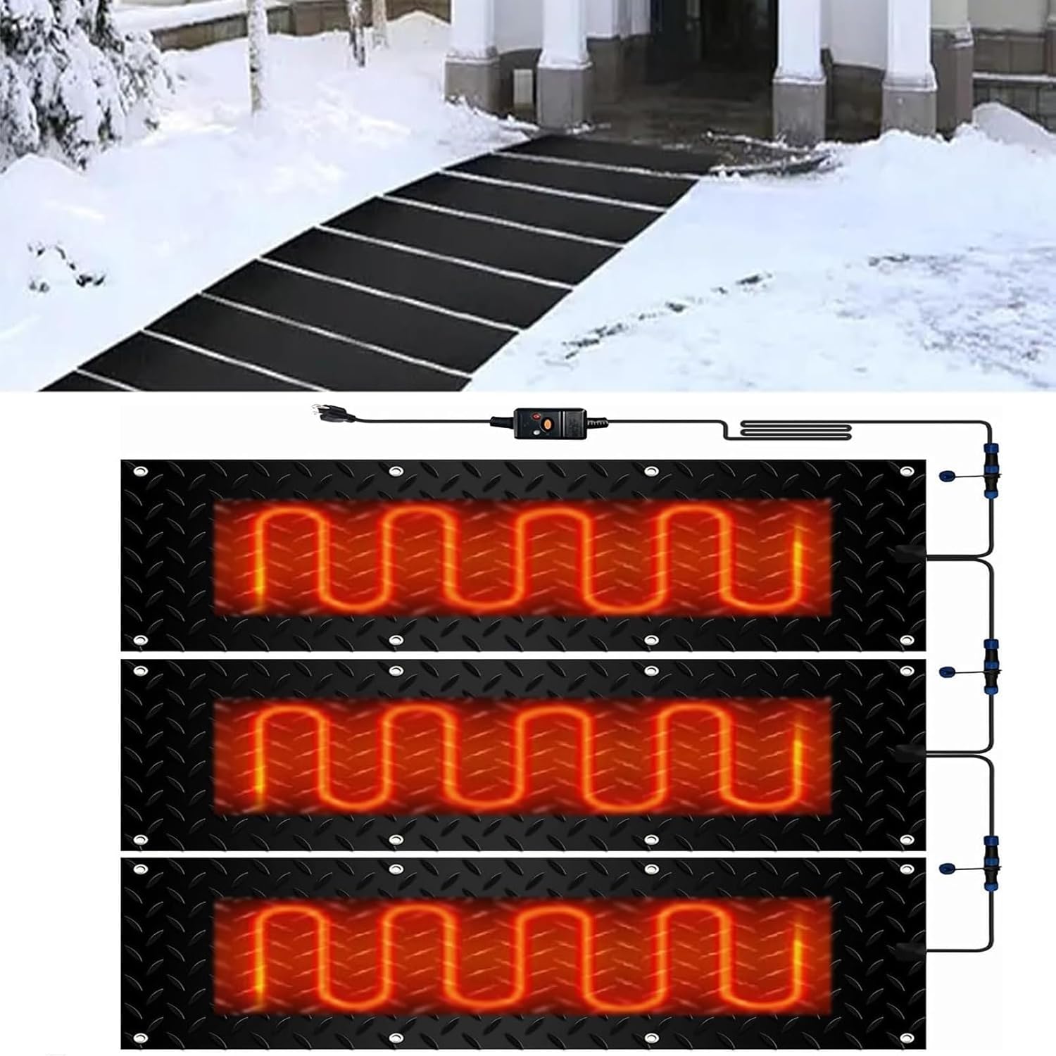 Heated mat for Snow, Heated Snow Melting Walkway mat, Rubber Heated Snow and Ice Melting Mat, for Winter Outdoor Stairs, Steps, Doorways, Walkways, Driveway,3 Pcs-25.4x76.2cm/10x30in