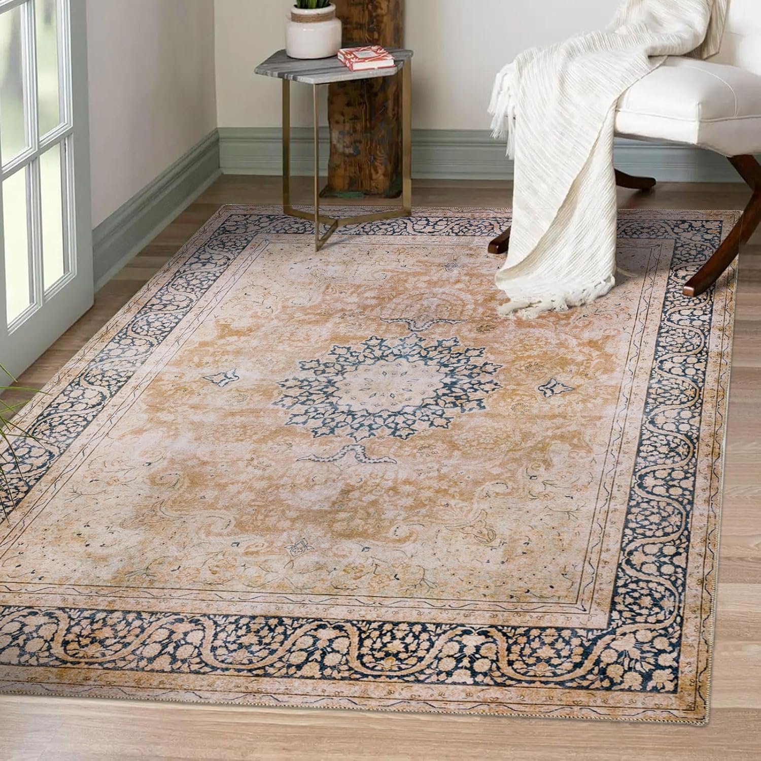 DECOMALL Maila 4X 6 Rugs for Entryway Machine Washable Orange Rug,Vintage Distressed Non Slip Area Rug Living Room Bedroom Boho Bathroom Laundry Room Foyer Carpet Indoor Rug