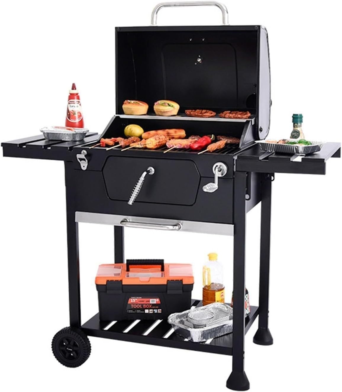 Outdoor Large Charcoal BBQ Grill with Stand, Side Table, Thermometer & Smoker Function, Wheels for Backyard Cooking