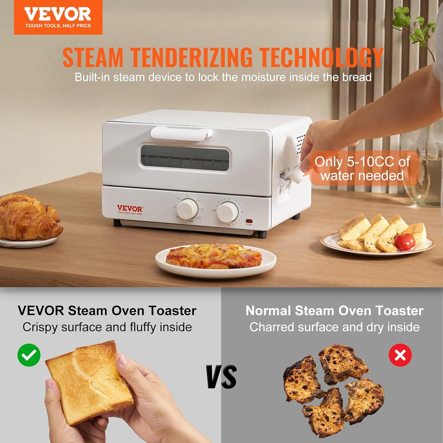 VEVOR 5-IN-1 Steam Oven Toaster, 12L Convection Oven, 1300W Steam Toaster Oven Countertop Combo with Grill, Pizza Pan, Gloves, 2 Slices Toast, 6-inch Pizza, Home and Commercial Use