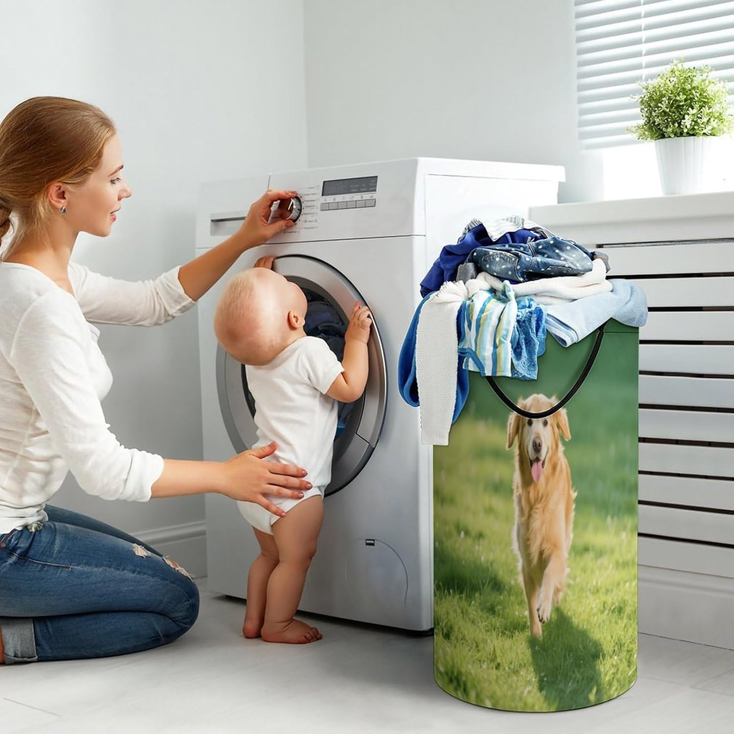 86L Large Laundry Hamper Golden Retriever Patterned Dirty Laundry Hamper Foldable Laundry Bag with Handle Suitable for Bedroom Living Room And Bathroom Washing Machine