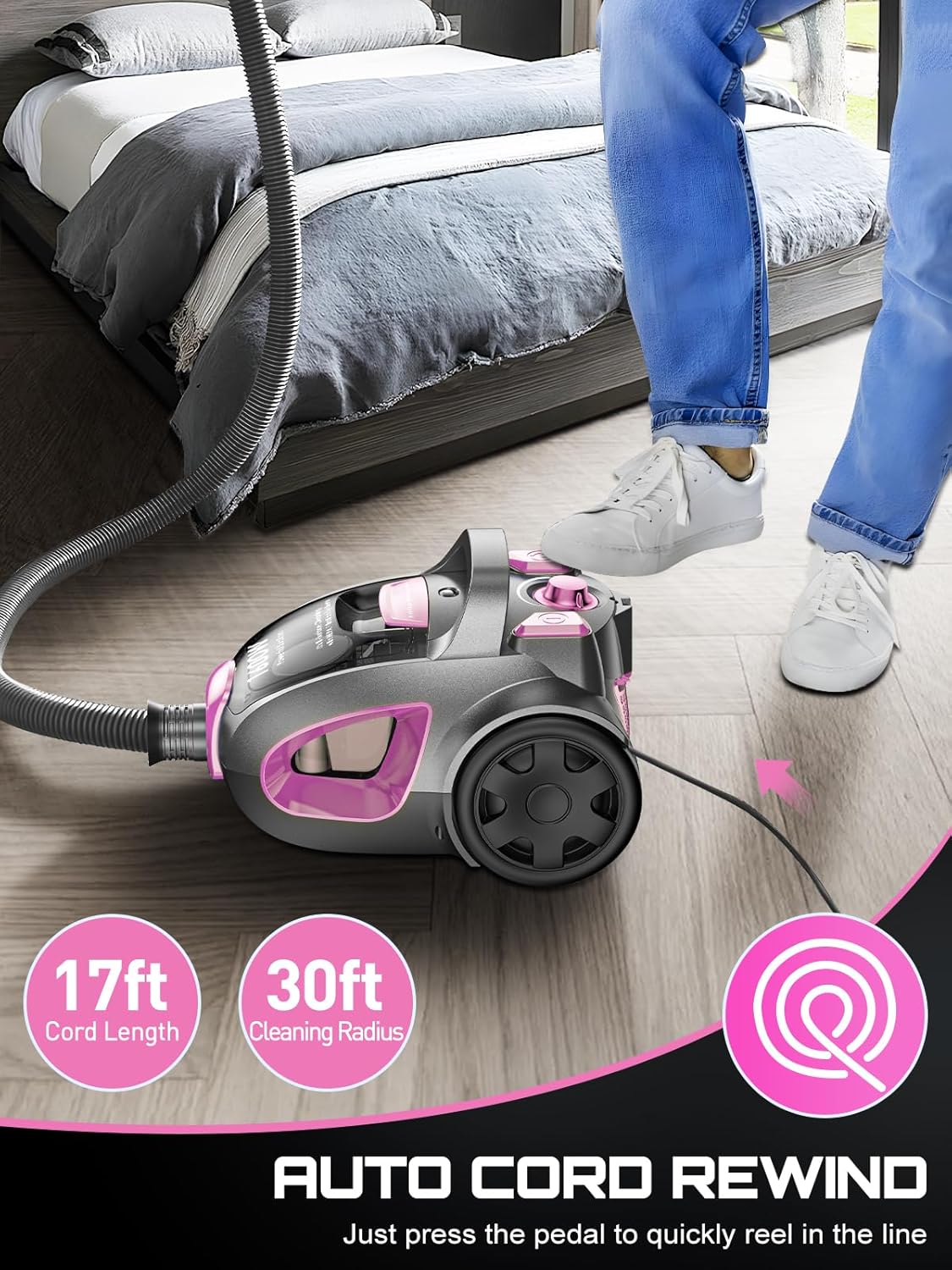 Canister Vacuum Cleaner, 40Kpa 1600W Cyclon Power Bagless Canister Vacuum Cleaners for Home, 3.7QT Large Dust Cup, Lightweight Vac for Hard Floors, Carpets, Pet Hair, Pink