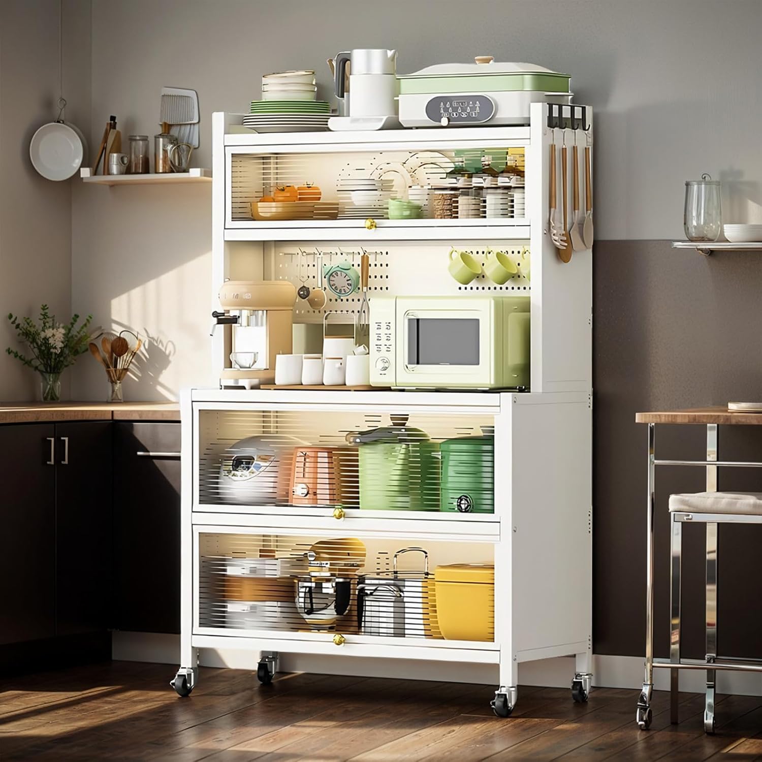 4-Tier Microwave Stand with Flip Door Storage Cabinet, Kitchen Baker's Rack, Standing Buffet Sideboard for Spices, Dishes, Pots, and Pans