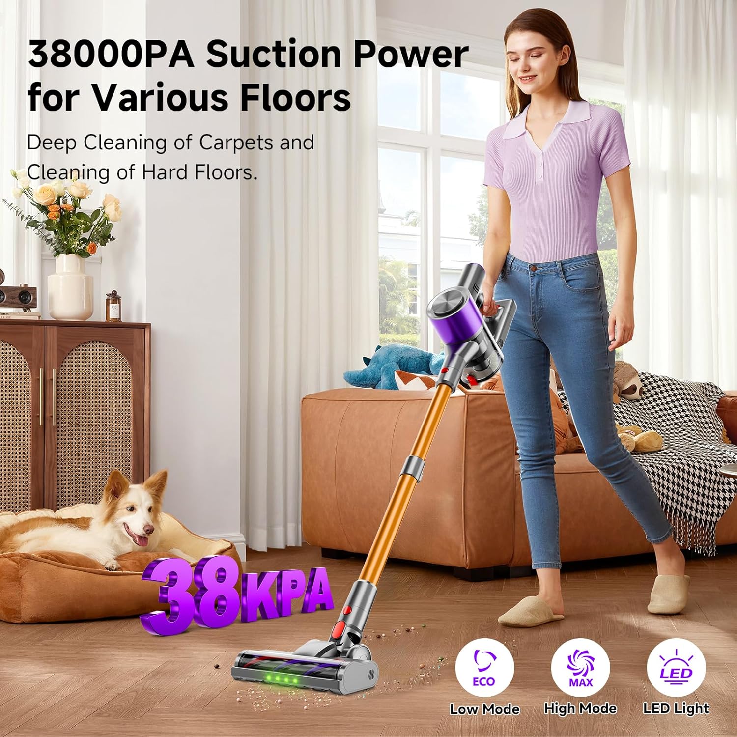 Cordless Stick Vacuum Cleaner, 38Kpa Powerful Suction Vacuum Cleaner with LED Headlight, Detachable Battery, 8-in-1 Lightweight Handheld Vacuums for Pet Hair Carpet and Hardwood Floor, Purple