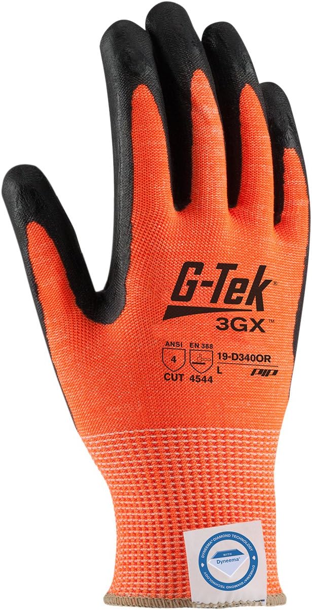 G-Tek 19-D340OR/XS, Hi-Vis Seamless Knit Dyneema® Diamond 2.0 Blended Glove with Nitrile Coated Foam Grip on Palm & Fingers