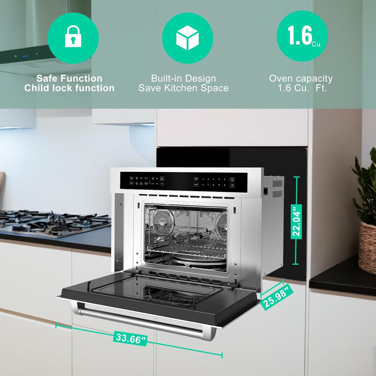 30’ Microwave Oven, 1700W 1.6 Cu.Ft Capacity Built-In Microwave Convention Oven with Air Fryer, Child Safety Lock, Drop Down Door, Touch Control for Versatile Cooking Solutions