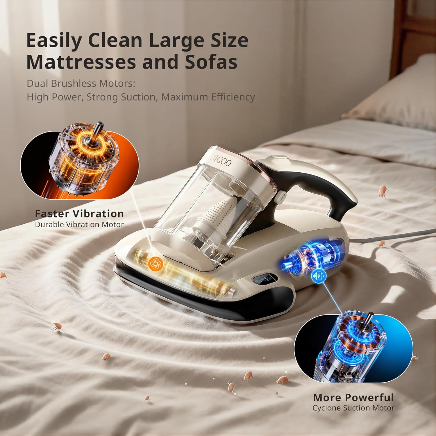 JIGOO Mattress Vacuum Cleaner UV Sanitizing, Anti-allergen Bed Cleaner with 12Kpa Suction, Handheld Vacuums for Dust & Pet Hair, Effectively Clean Up Bed, Pillows, Cloth Sofas, Carpets