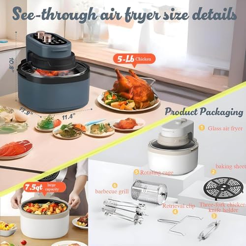 Rotatable 8-in-1 Air Fryer Toaster Oven Combo 7.5QT Large Glass Air Fryer, Rapid HotAir Tech, Family-Size Smart Cooker, Trending Modern Kitchen Essential for Healthy Meals (Dreamy blue)