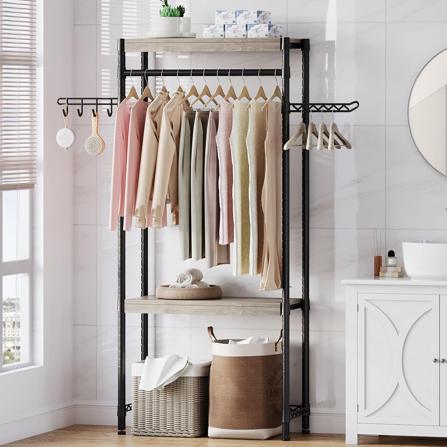 GarveeHome 30 in Washer Dryer Storage Shelf - Adjustable Height Laundry Organizer with 5-Tier Double-Layer Wood Shelves, Heavy-Duty Over-Unit Rack (100 LB/Shelf) for Laundry Room & Balcony, Gray