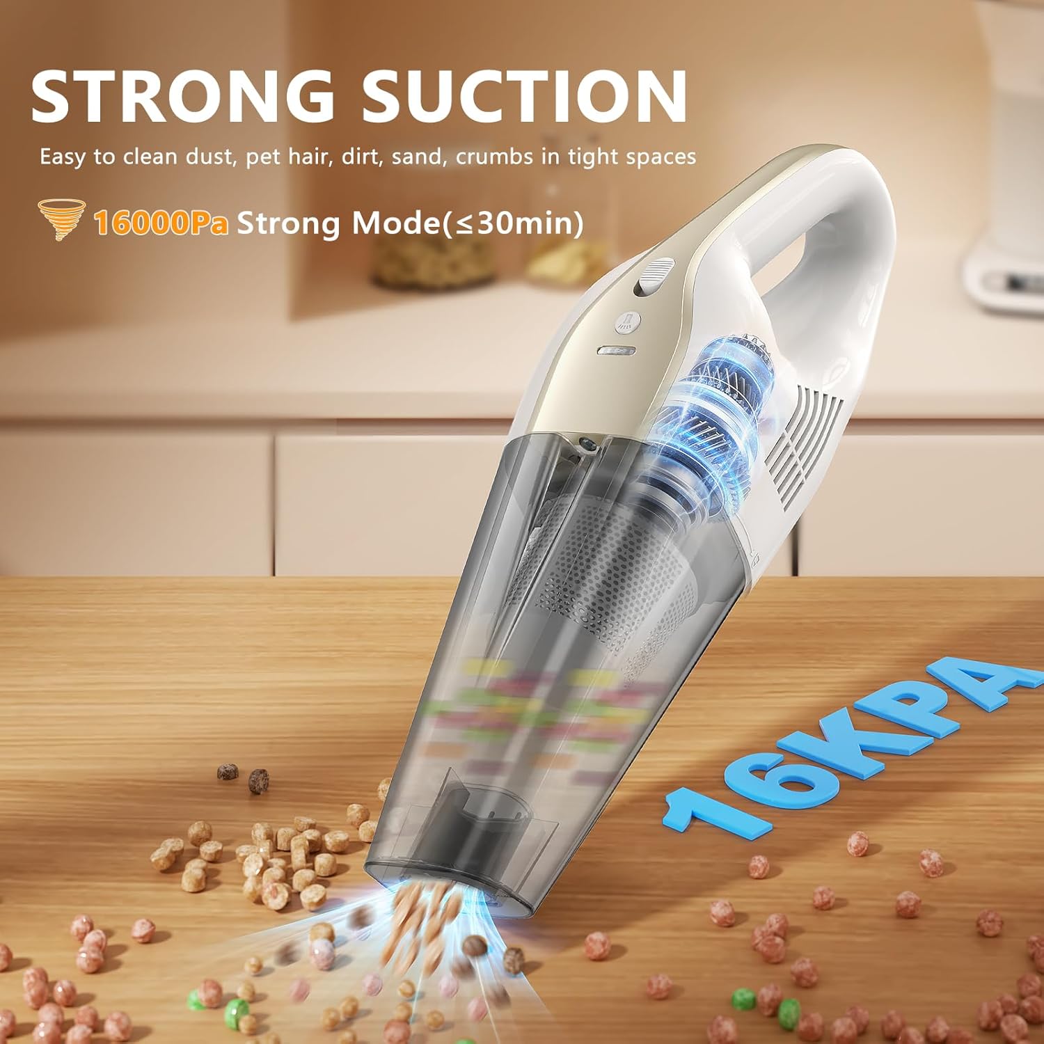 Handheld Vacuum Cordless, 16000Pa 160W Car Vacuum Cleaner with LED Screen,30Min Powerful Hand Held Vacuum Cleaner Portable Cordless Lightweight LED Light Fast Charge Multi-Nozzles for Home Car Office