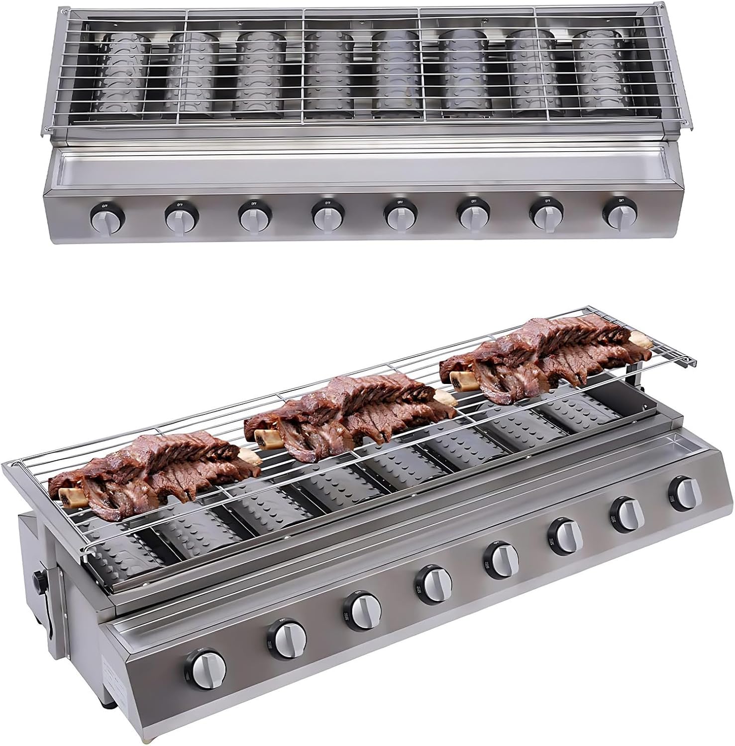 Stainless Steel Tabletop Propane Grill & Professional Barbecue Griddle, 8 Burners with Removable Nets for Indoor or Outdoor Use, Camping and Picnics