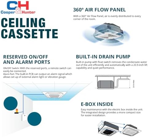 Cooper & Hunter 24,000 BTU Ceiling Cassette Ductless Mini Split Air Conditioner & Heat Pump – 22 SEER2 – Includes 16FT Installation Kit & Wall Thermostat – Cooling & Heating Inverter System