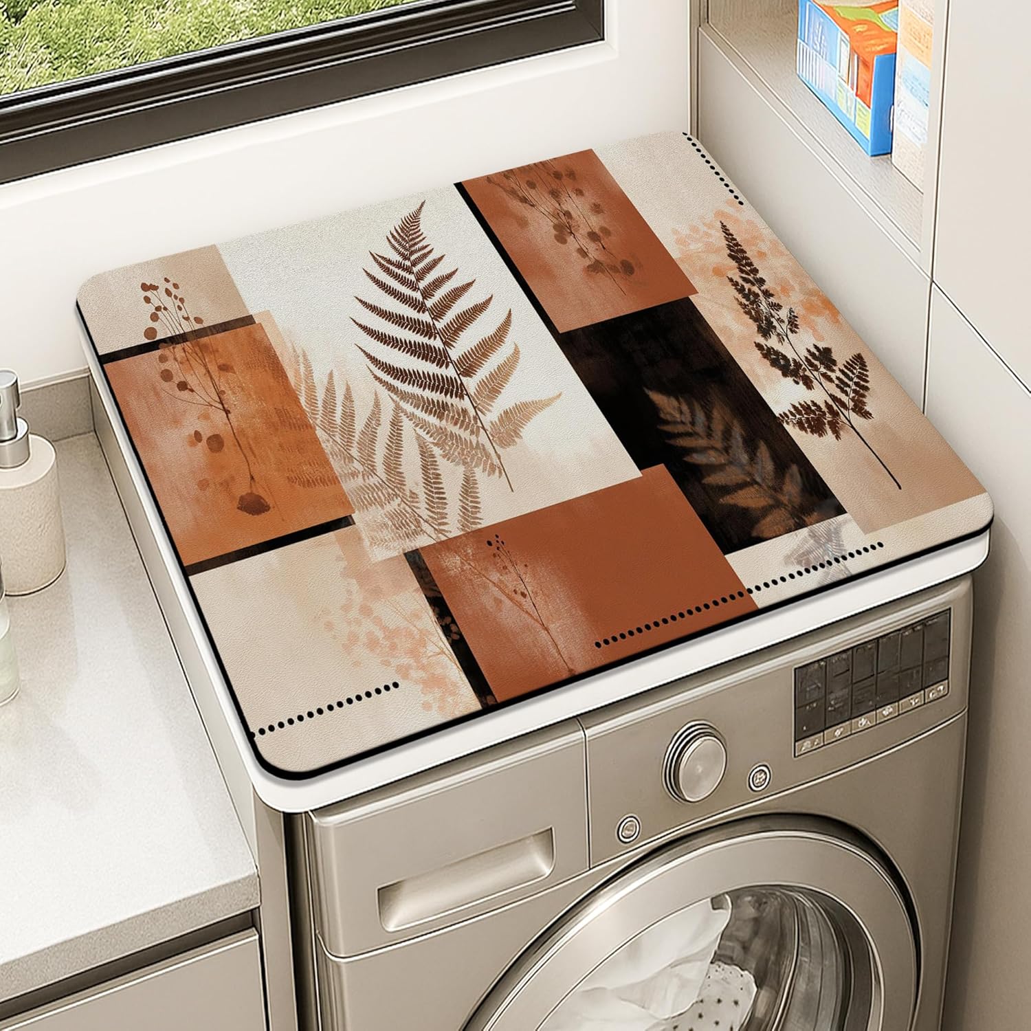 Botanical Washer Dryer Top Protector Mat, Warm Earthy Botanical Print Laundry Machine Covers, Fall Decor Rubber Anti-slip Waterproof Washer And Dryer Mats for Laundry Room 24x24 Inch
